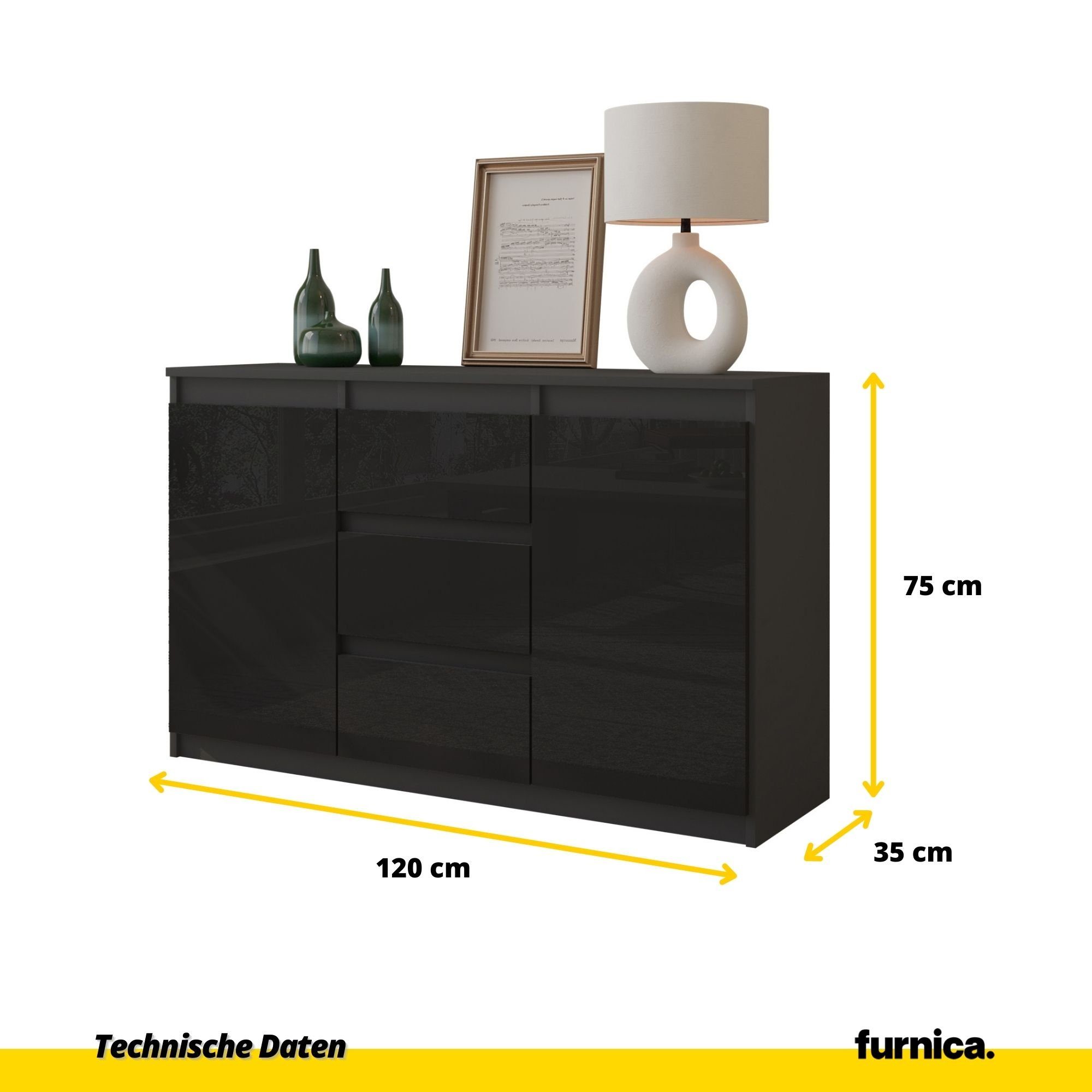 Furnica Kommode Sideboard 3 Schubladen und 2 Türen - Anthrazit Grau H75cm B120cm T35cm