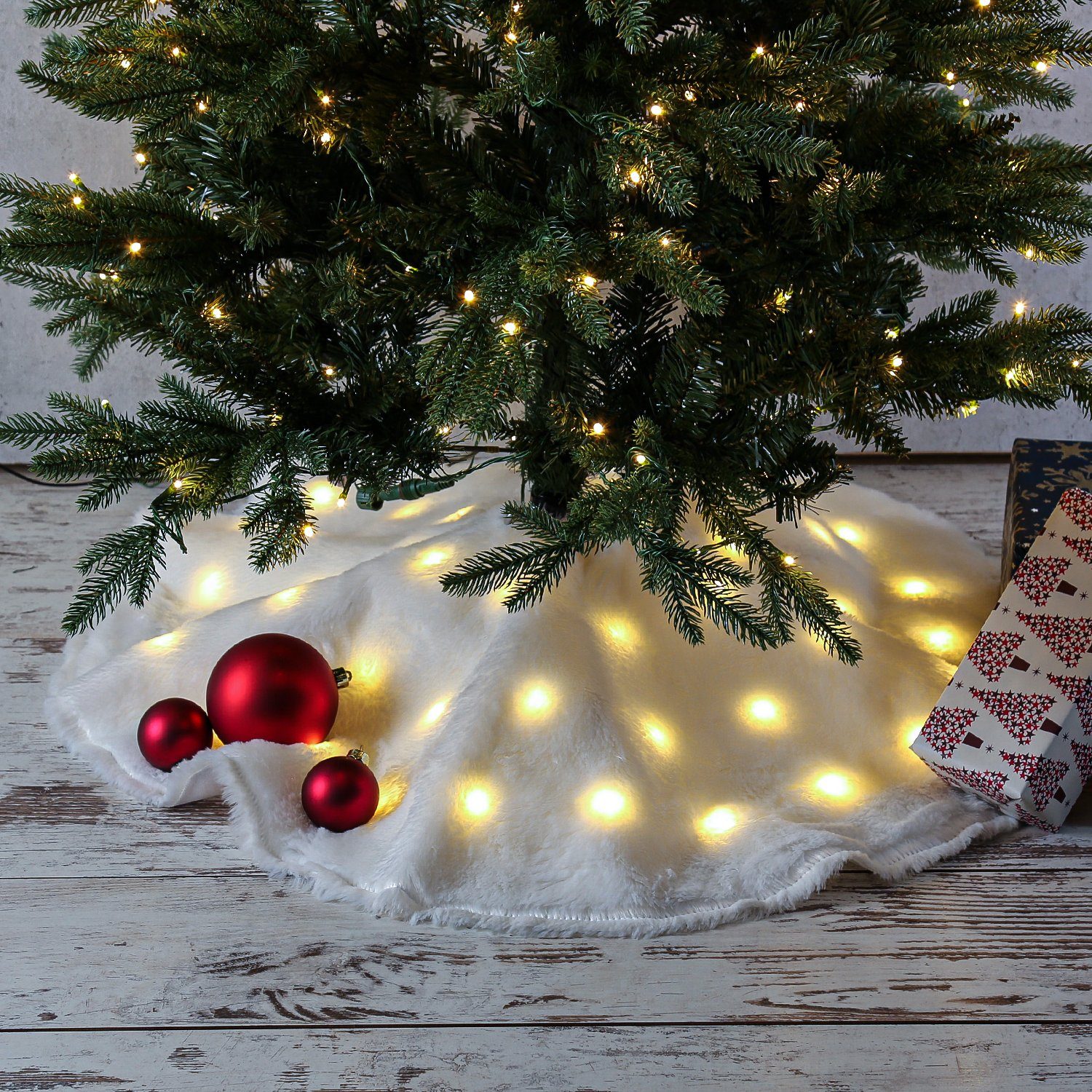 MARELIDA Weihnachtsbaumdecke LED Weihnachtsbaumteppich Plüsch Baumrock Tannenbaumdecke D: 90cm