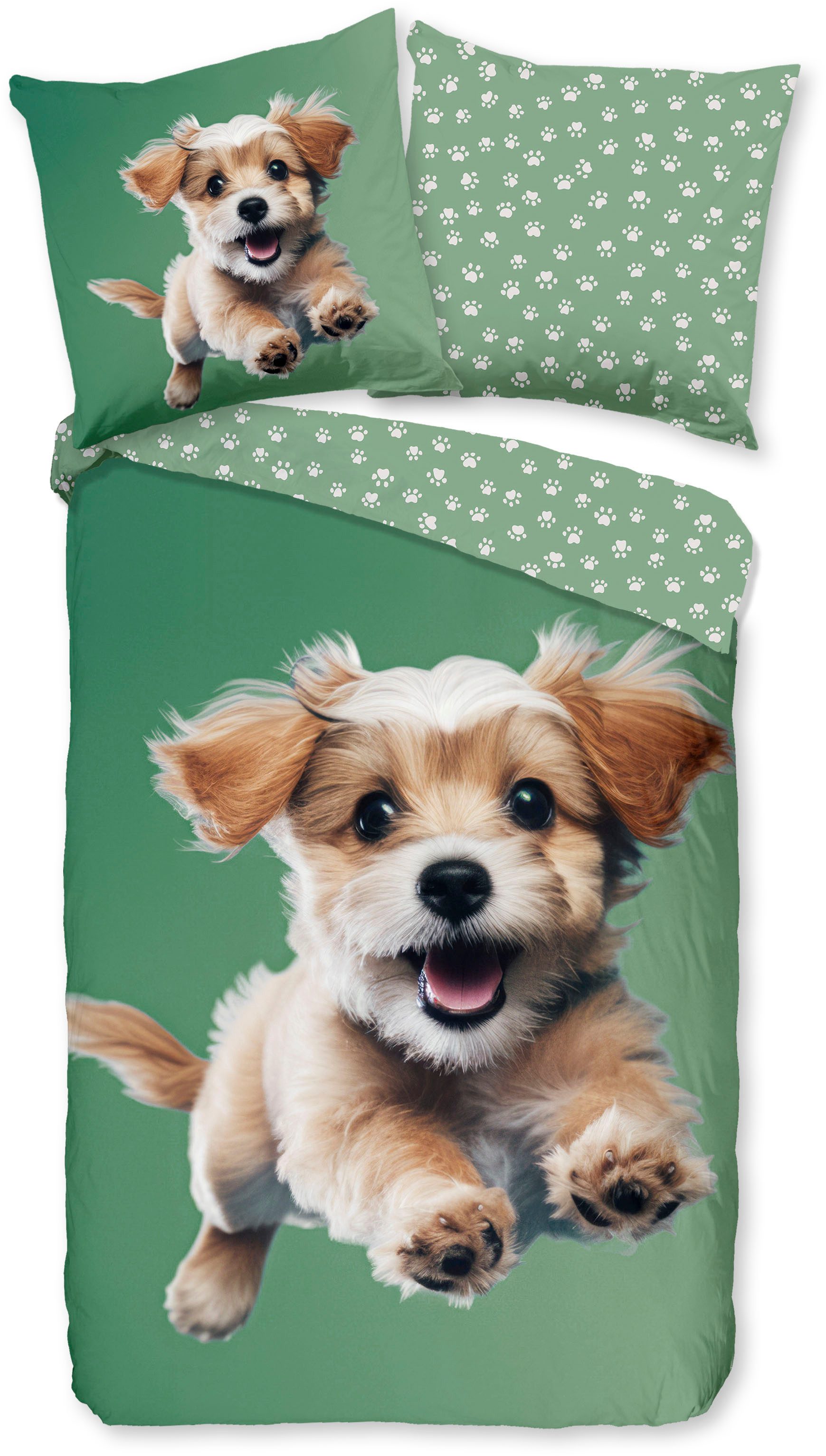 good morning Kinderbettwäsche Mambo, Renforcé, 2 teilig, Baumwolle, Renforcé, Wendeoptik, Kind, Hund, Grün