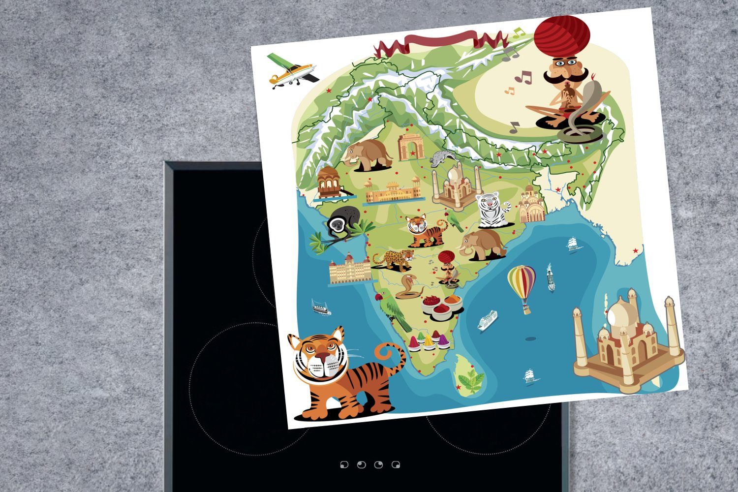 (1 MuchoWow Eine Ceranfeldabdeckung, für im tlg), küche 78x78 Karte cm, Indiens Cartoon-Stil, der Herdblende-/Abdeckplatte Arbeitsplatte Illustration Vinyl,