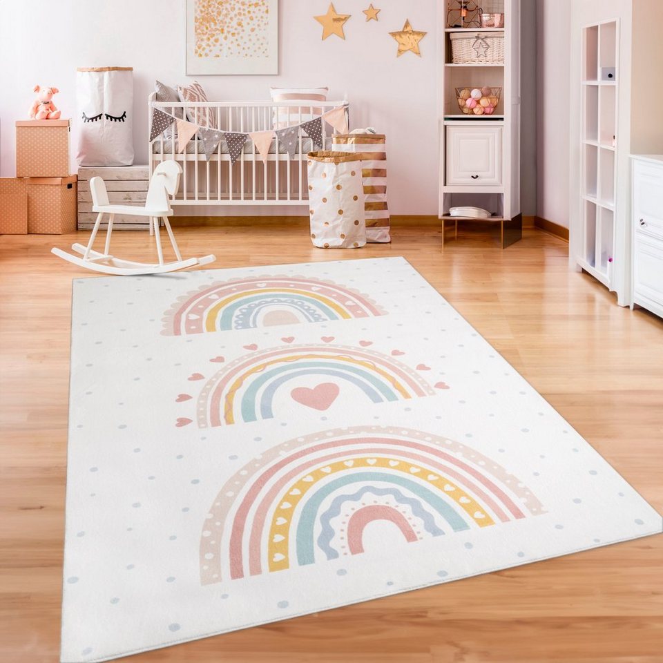 Kinderteppich Eliz 392, Paco Home, rechteckig, Höhe: 12 mm, Kurzflor,  Spielteppich, Patchwork-Muster, Motiv Punkte & Regenbogen