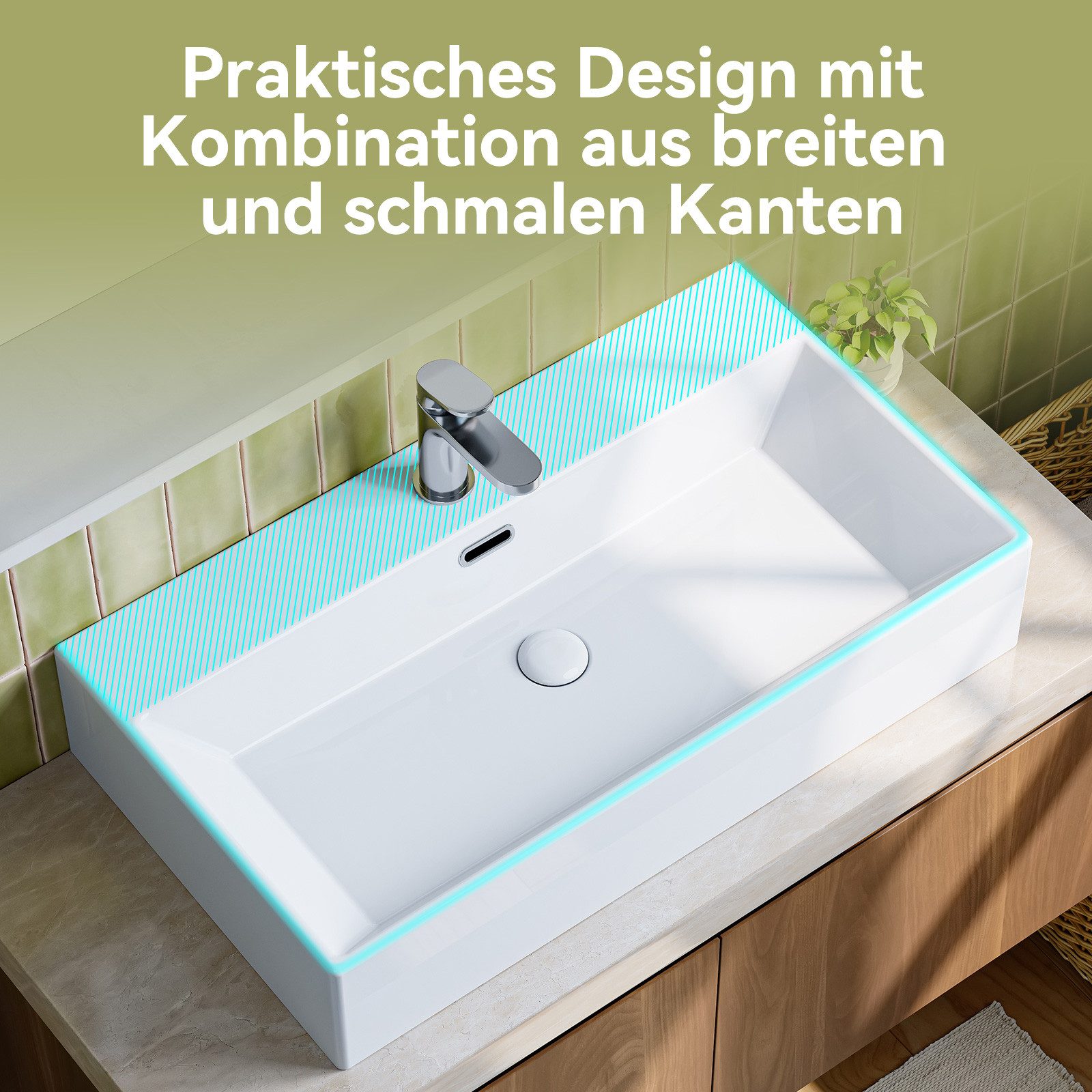 HOROW Waschbecken Keramik Aufsatzwaschbecken Hängewaschbecken 50cm 60cm 75cm (Badezimmer Waschtisch, mit Hahnloch und Überlauf - Weiß/Schwarz)