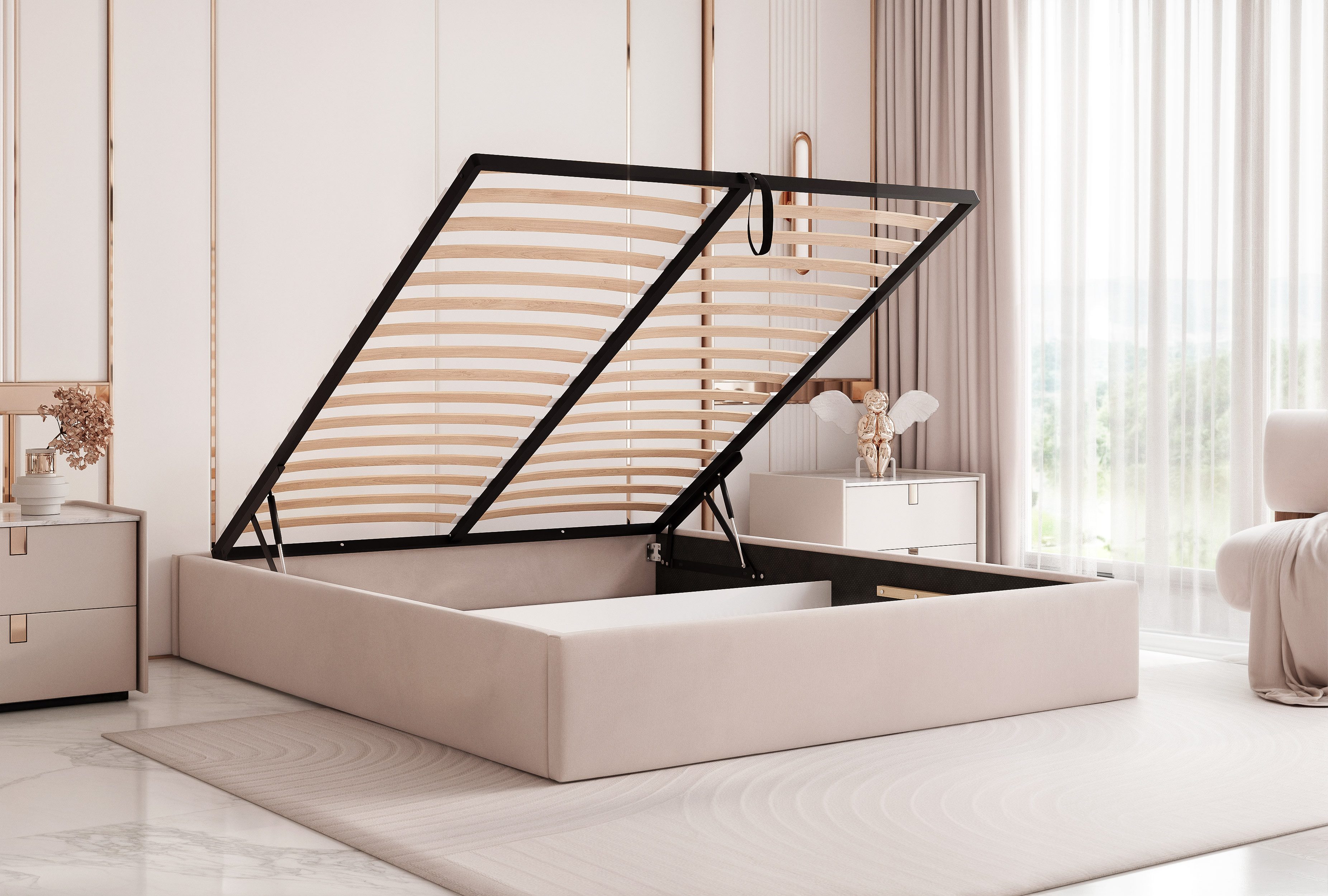 Goldstoff Polsterbett Modernes Bett "MODENA" ohne Kopfteil mit Stauraum & gepolsterte Rahmen (120–200x200 cm), Schlafbett mit großzügigem Stauraum und modern gepolstertem Design