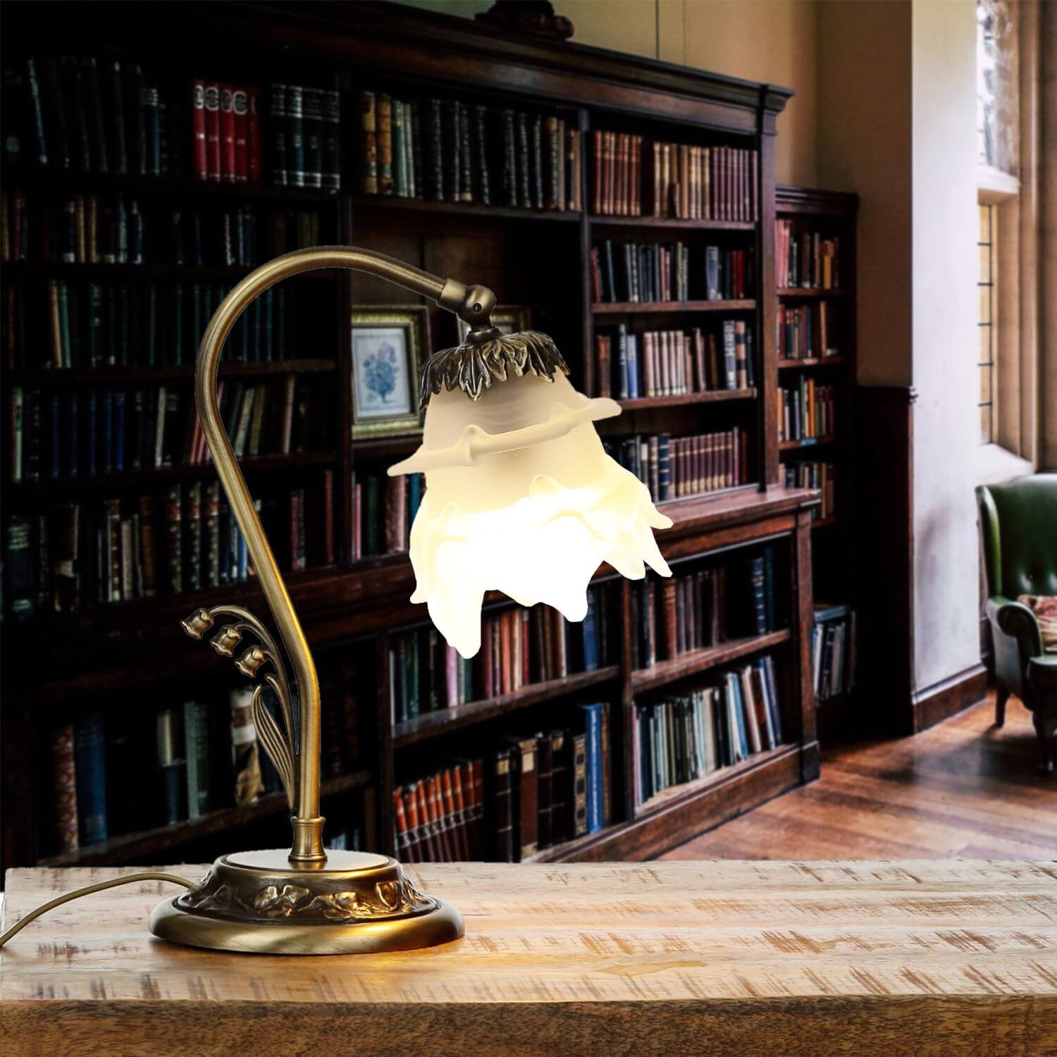Licht-Erlebnisse Nachttischlampe Floral TABLE Wohnzimmer LAMP, Schlafzimmer in Leuchtmittel, ohne Bronze Echt-Messing Tischlampe