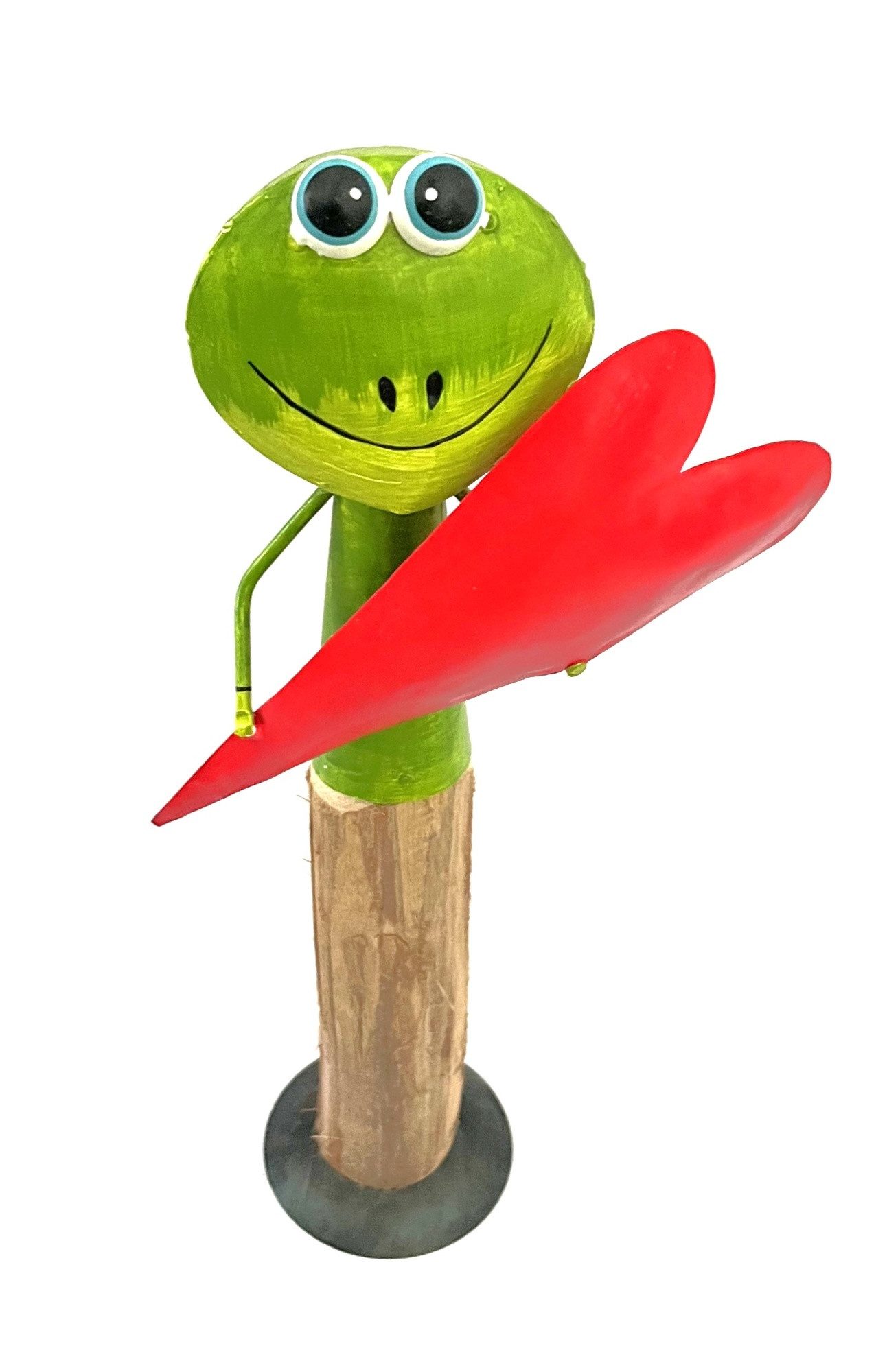 VARIOS Gartenfigur Gartenfrosch Deko Lustig Herzen Metall Holz Grün Rot 42 cm, (1 St), Handarbeit