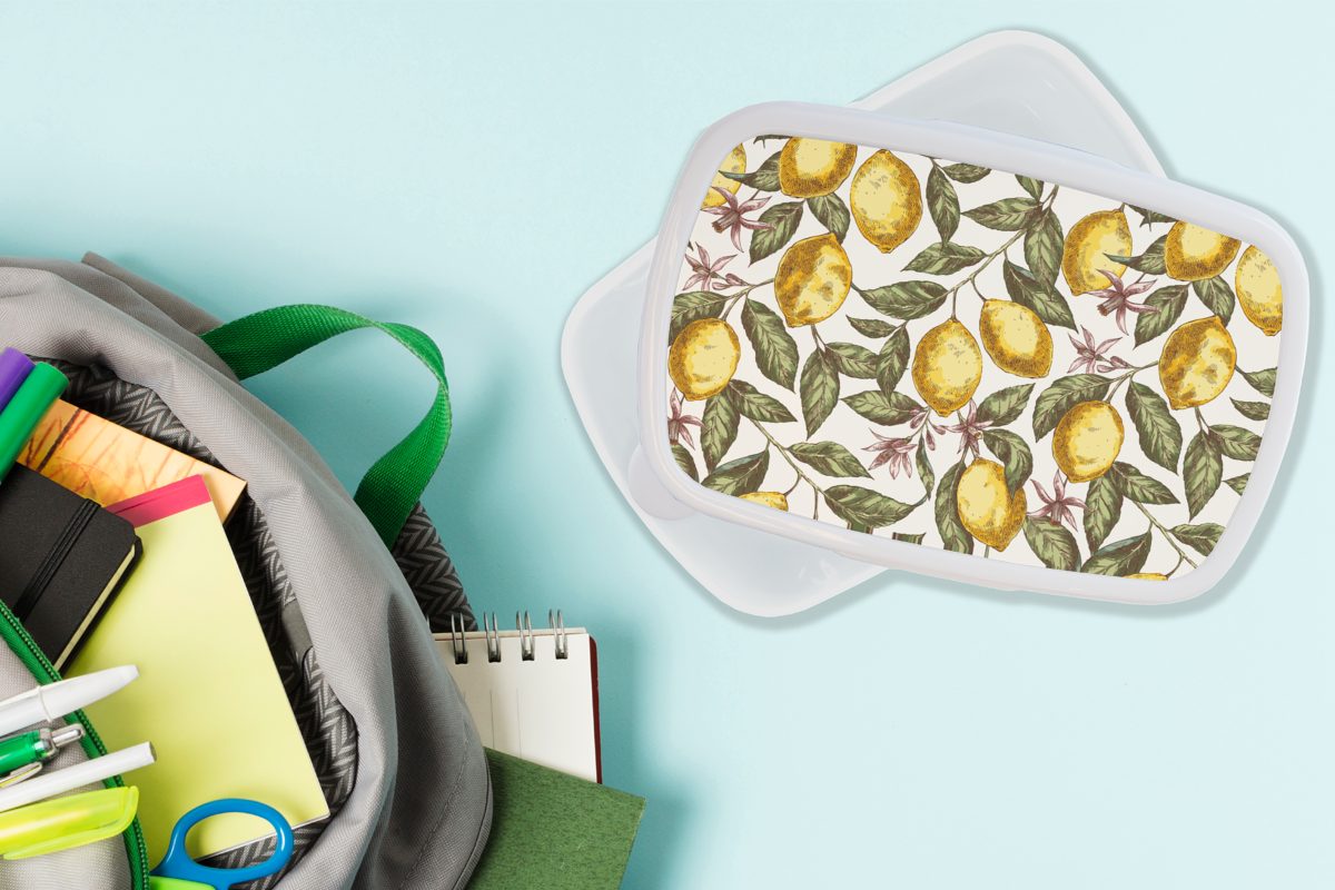 - - für Lunchbox Brotbox weiß Zitrusfrüchte, Kinder MuchoWow und Brotdose, und Muster Blumen für Kunststoff, Erwachsene, (2-tlg), Mädchen Jungs