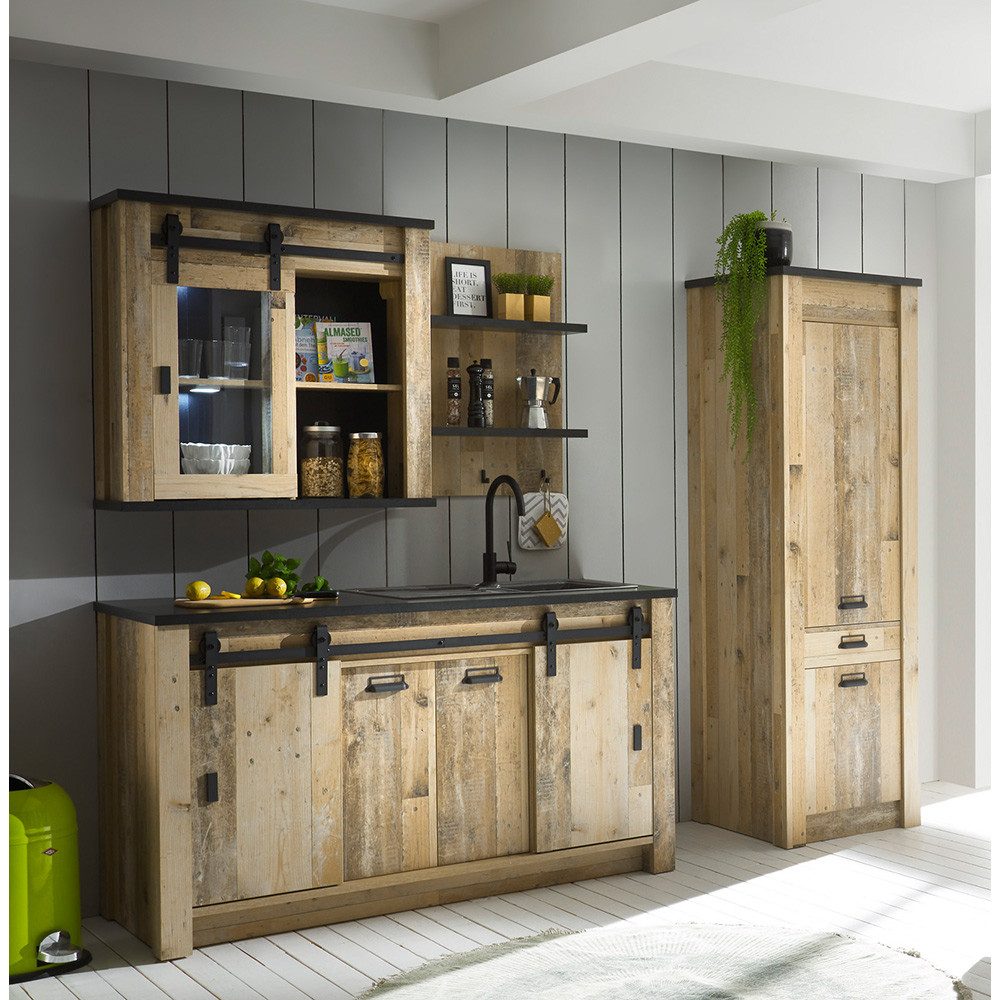 Lomadox Küchenzeile SHELTON-61, Küchen Set in Old Style hell anthrazit mit Scheunentorbeschlägen