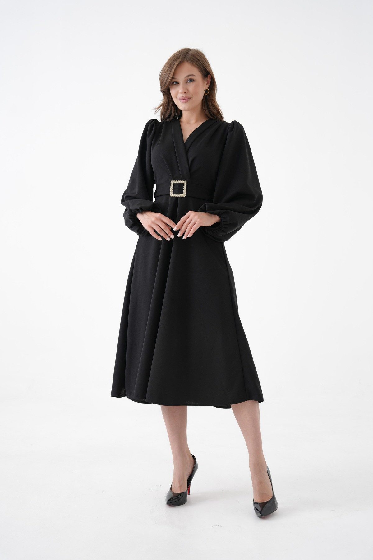 WOMAN VISION Minikleid Damen Schwarzes Kreppstoff Wickelhals Ballonärmel Gü günstig online kaufen