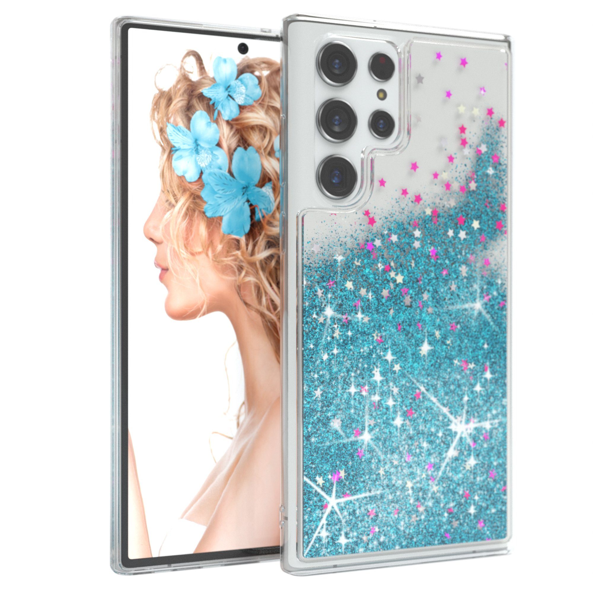 EAZY CASE Handyhülle Liquid Glittery Case für Samsung Galaxy S22 Ultra 6,8 Zoll, Gloss Slimcover Girly Backcover Bling Phone Case kratzfeste Cover Blau