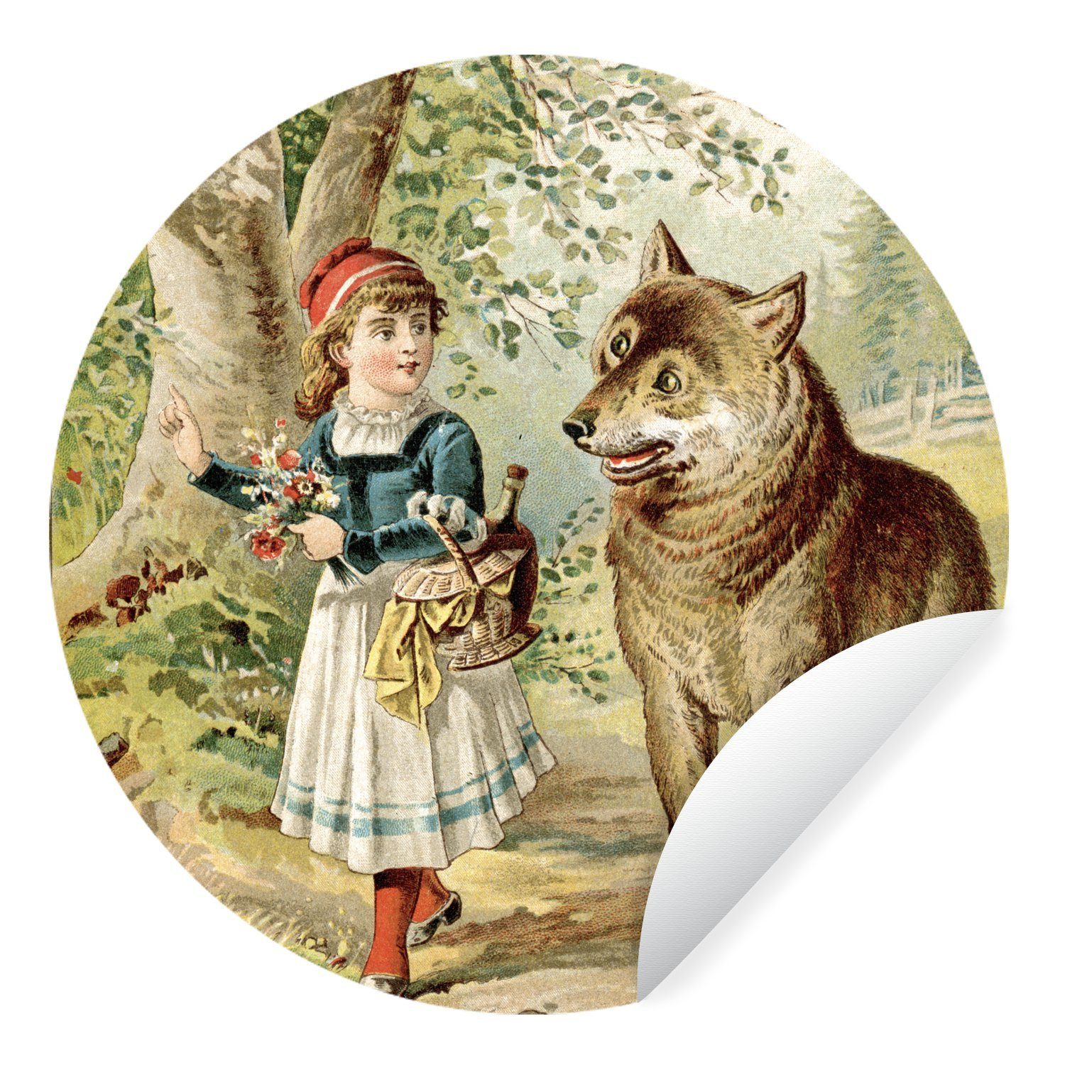MuchoWow Wandsticker Wolf - Rotkäppchen - Wald (1 St), Tapetenkreis für Kinderzimmer, Tapetenaufkleber, Rund, Wohnzimmer