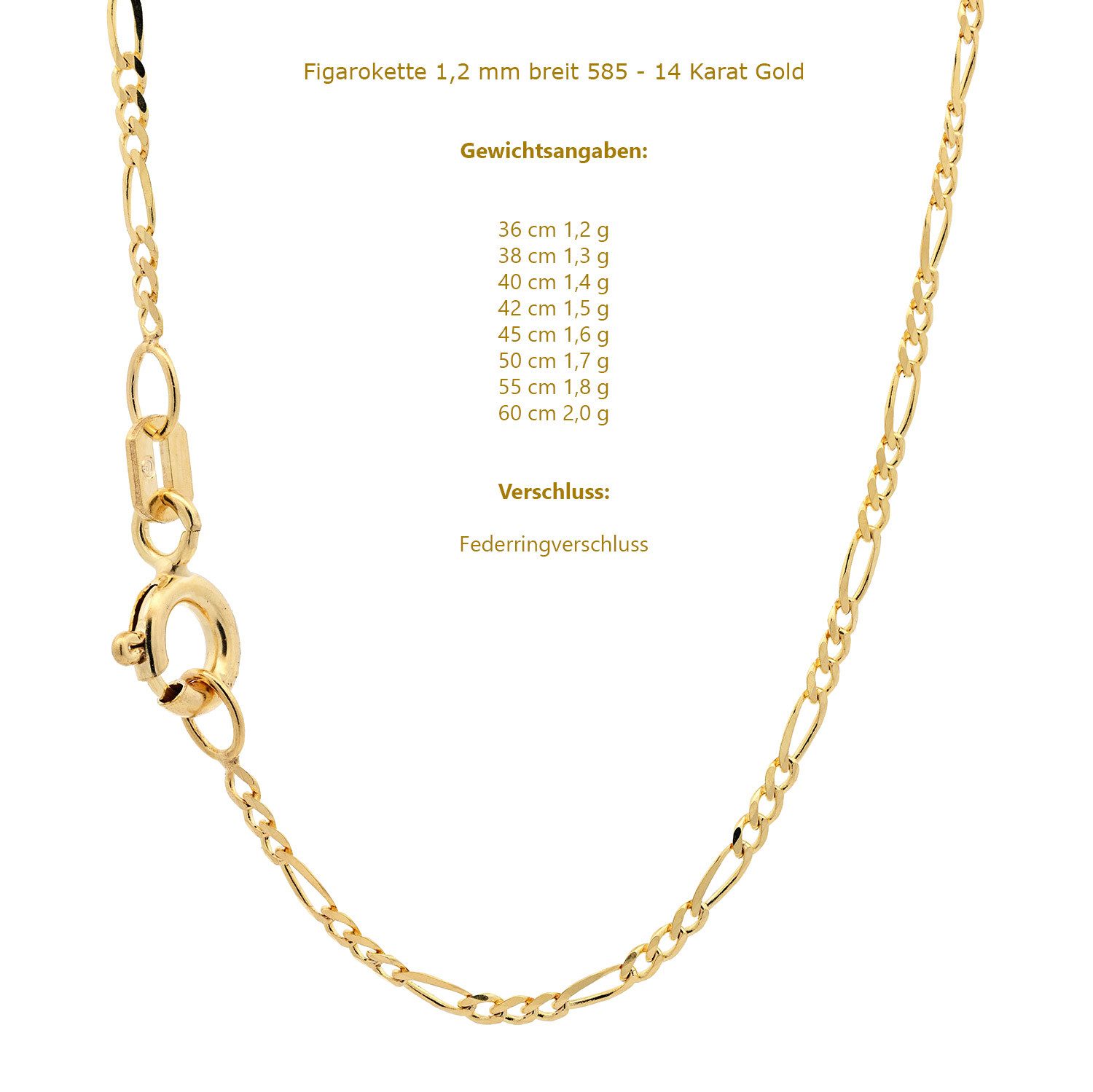 HOPLO Goldkette Goldkette Figarokette Halskette Breite 1,2 mm 36 cm 585-14 Karat Gold, Made in Germany – Bild 5 von 5