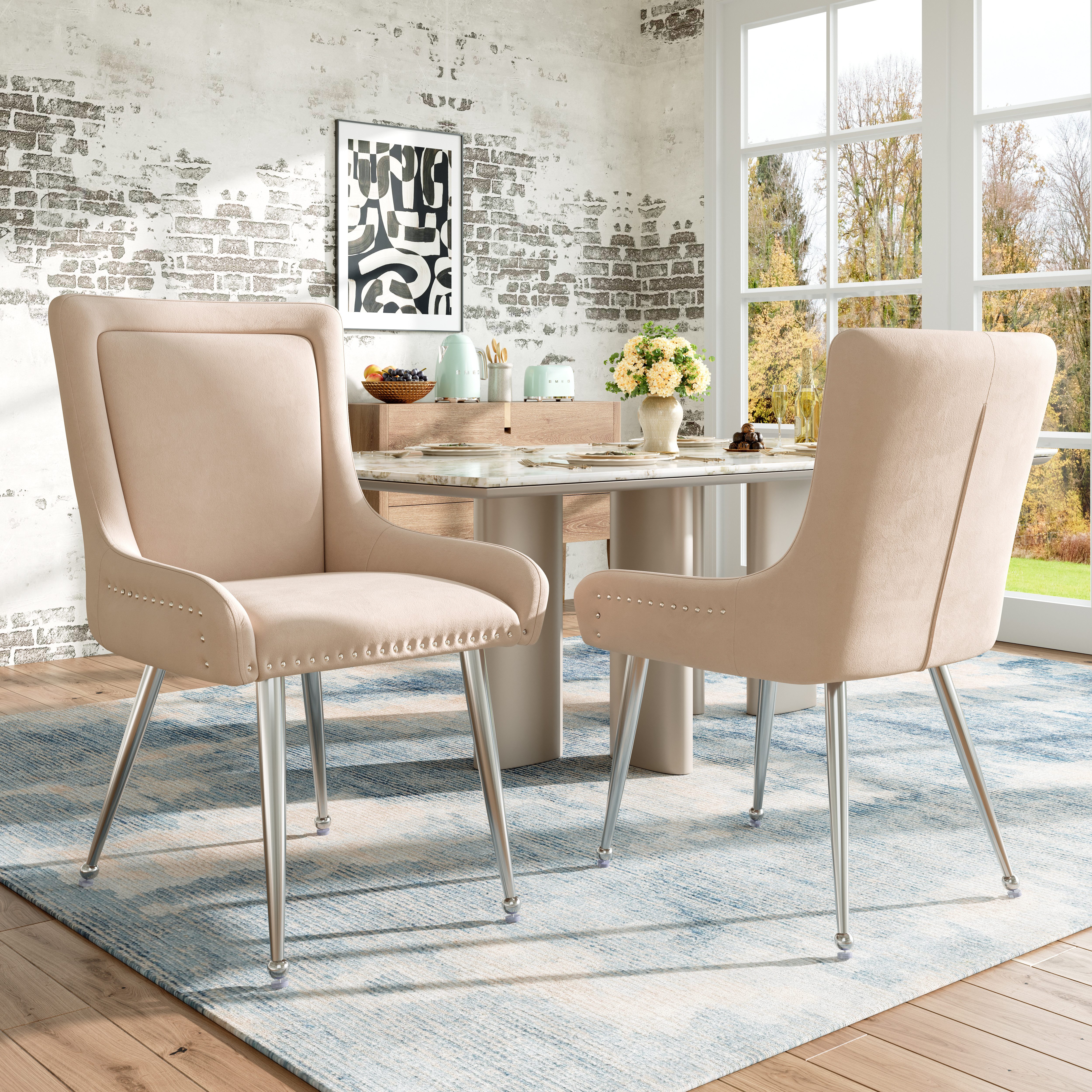 Esszimmerstuhl 2er Set Esszimmerstühle Galvanisiertes Silber Eisen Beine, Beige Samt