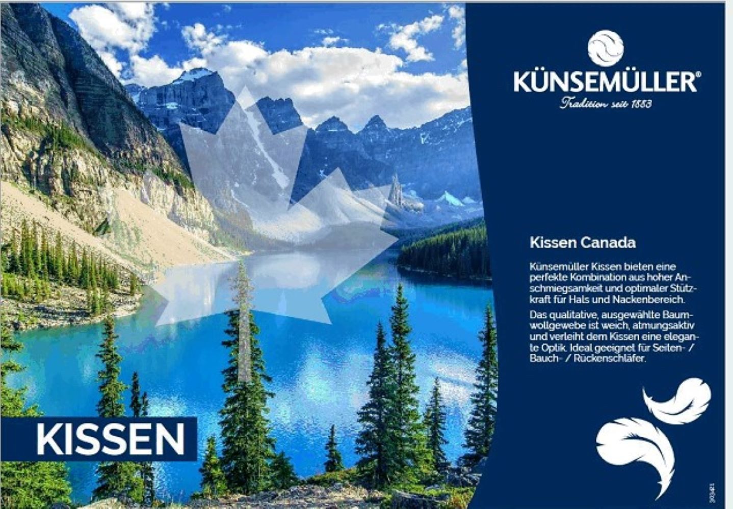 KÜNSEMÜLLER Daunenkissen 3-Kammer Kopfkissen Canada, 80x80 cm, waschbar 60 °C, Füllung: Außen: 90% Daunen, 10% Federn, Innen: 100% Federn, Bezug: 100% Baumwolle, Seitenschläfer, Rückenschläfer, Bauchschläfer, Außen soft, Innen gute Stützwirkung