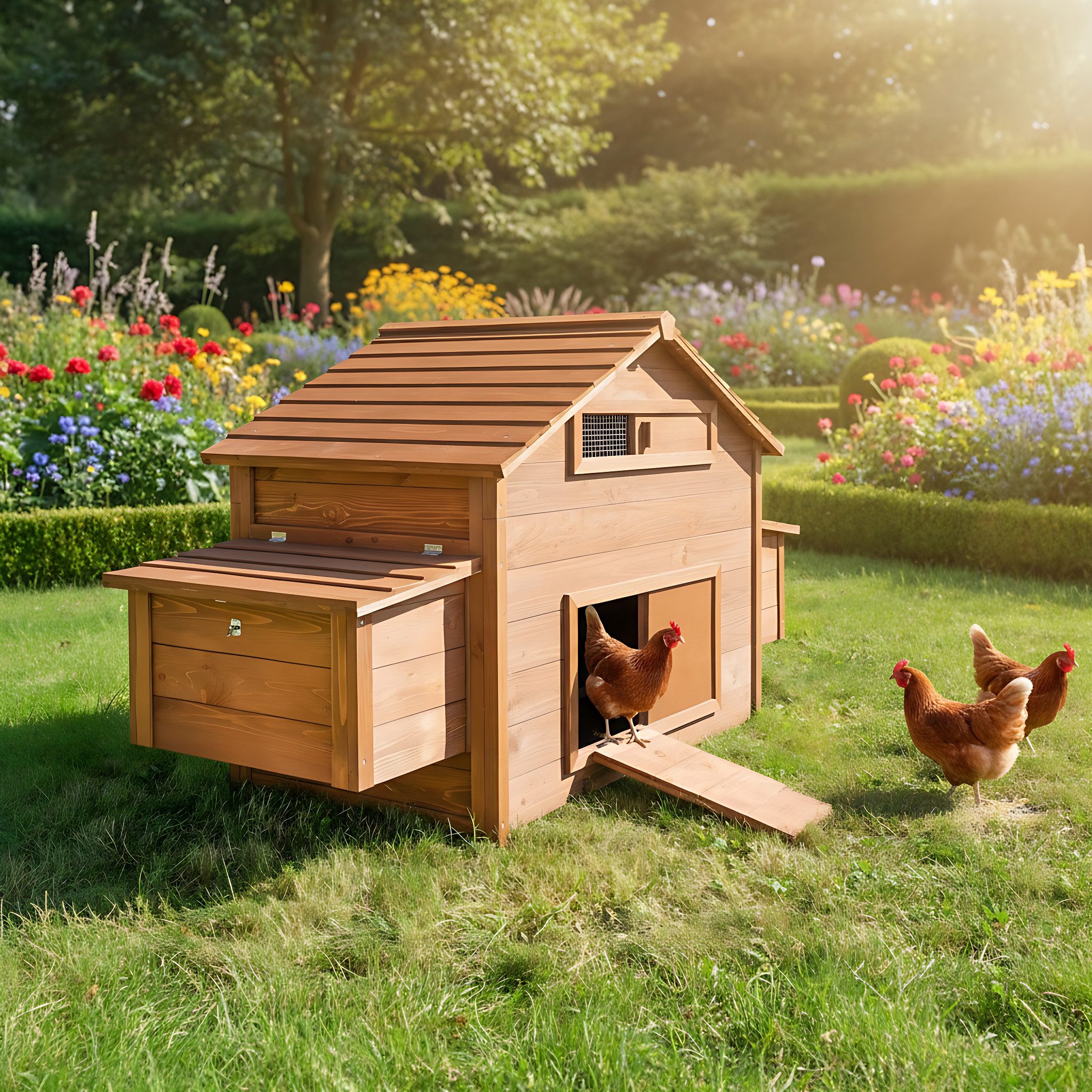 Zooprinz Hühnerstall Hühnervoliere Hühnerhaus Happyfarm, Winterfest, Wetterfest, Massivholz, Metall Kotschublade, Rampe, Türklappe, Klappdach