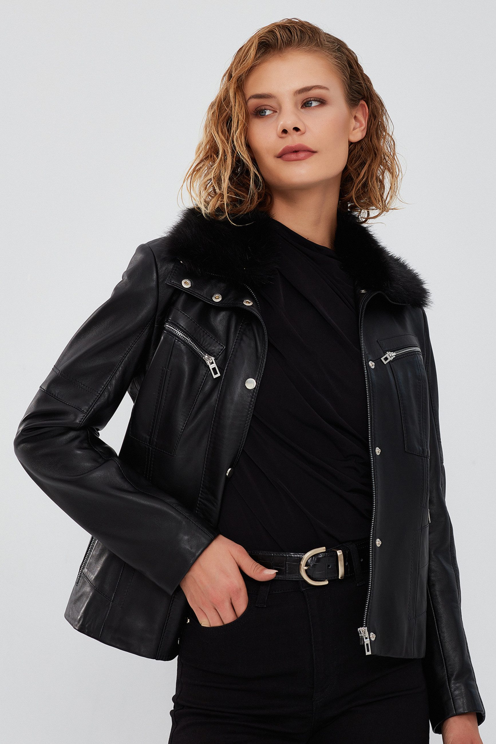 Derimod Lederjacke Vivien Lederjacke mit Kunstfellkragen