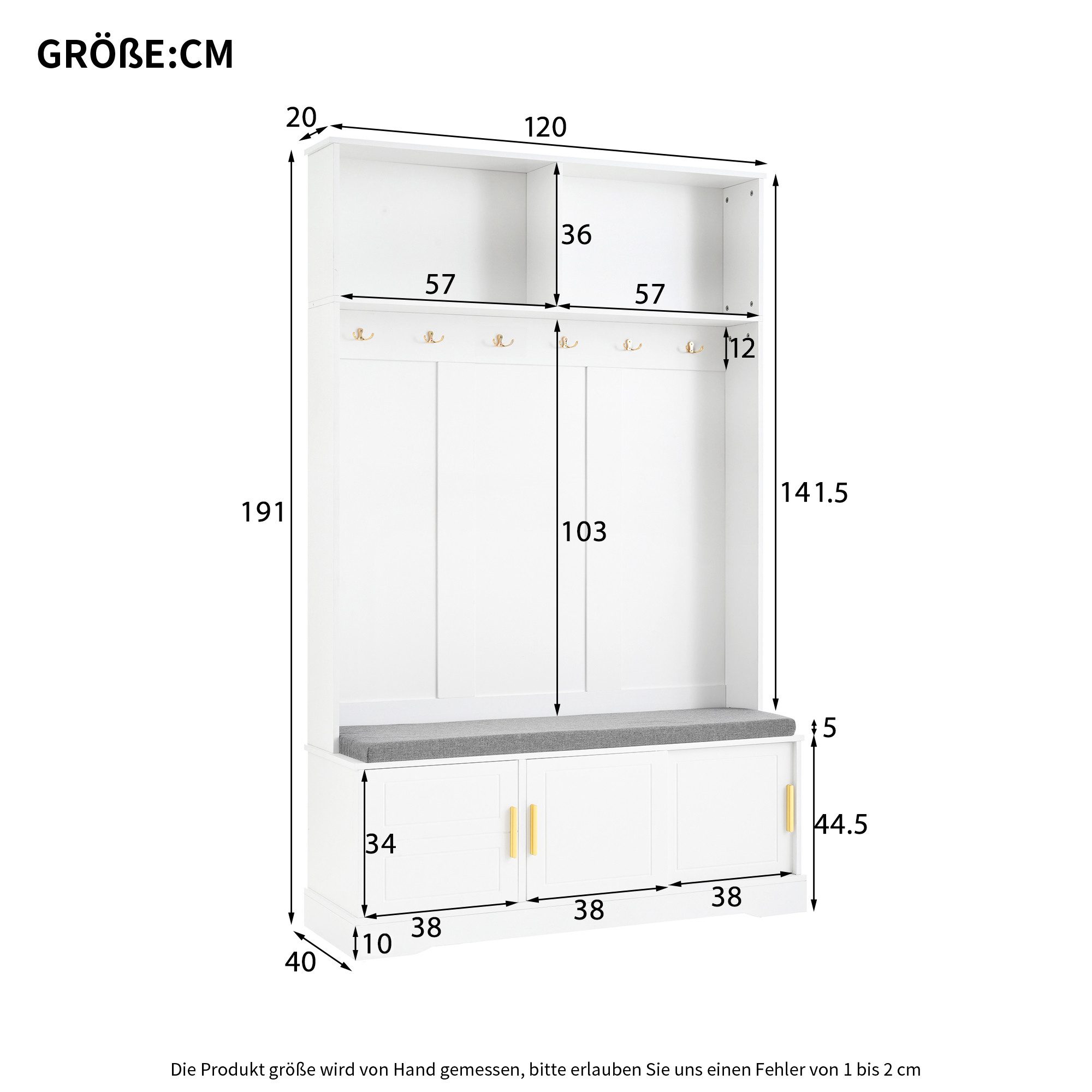Merax Garderoben-Set mit Schuhbank & 6 Haken, (1-St., B120/T40/H191 cm), Garderobenständer Flurgarderobe mit Ablage & 3 Türen, freistehend – Bild 5 von 5