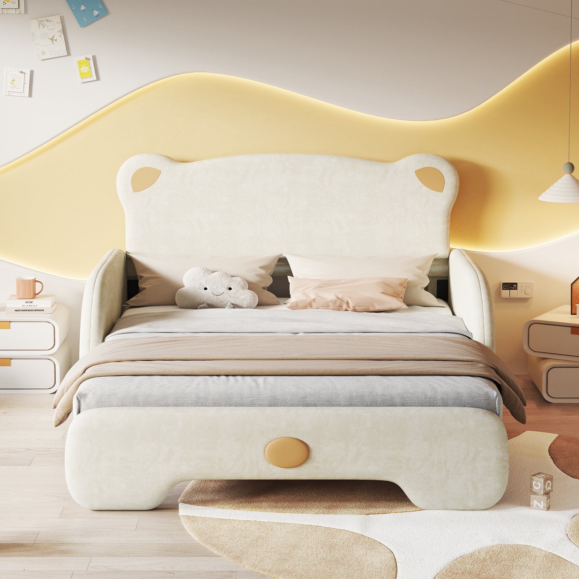 Odikalo Kinderbett Polsterbett Bärenform Schlafsofa Ausziehbar Kante Samt 140x110/200cm