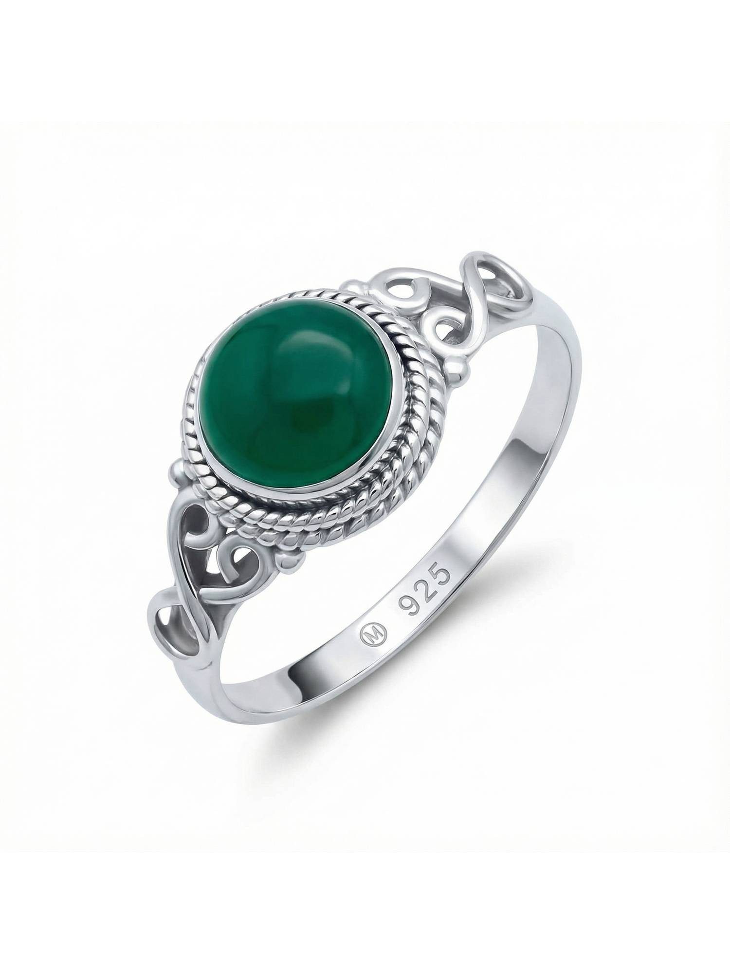 mantraroma Silberring BAGHIMI rund aus 925 Silber mit grünen Onyx (Ring mit Schmuckbeutel), Damenring aus 925er Silber