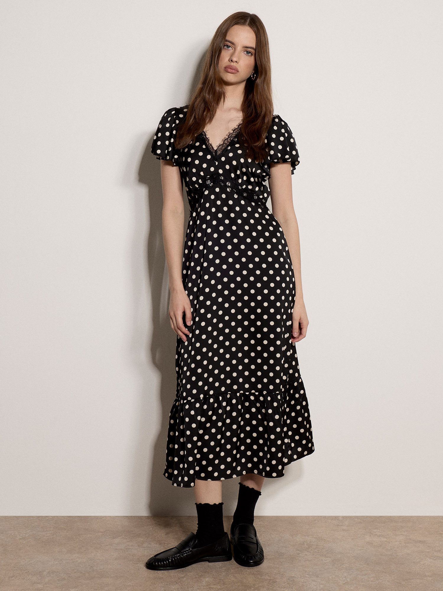 Apricot Midikleid Midi-Kleid aus Satin mit Polka-Dot-Muster mit Spitze