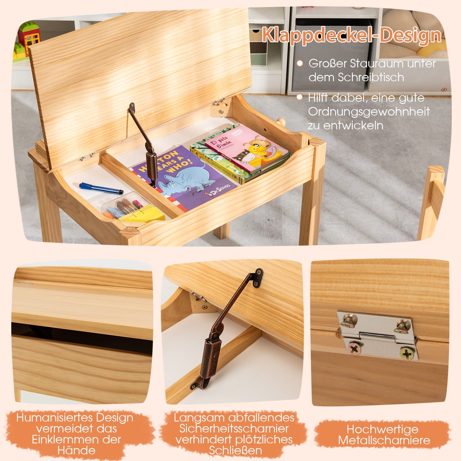 COSTWAY Kindersitzgruppe, (2-tlg), Kinderschreibtisch mit Stuhl, Holz, mit Stauraum
