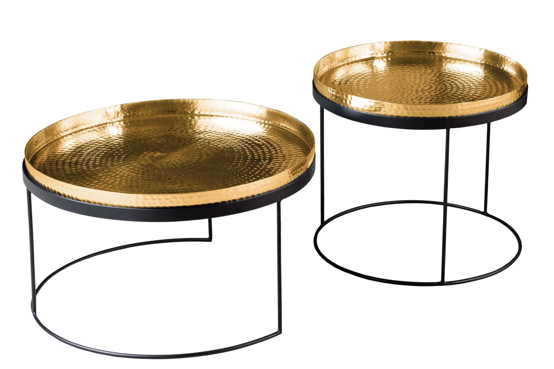 Licht-Erlebnisse Couchtisch BAMA, 2er Set Handarbeit aus Metall in Gold Schwarz rund mit Tabletts