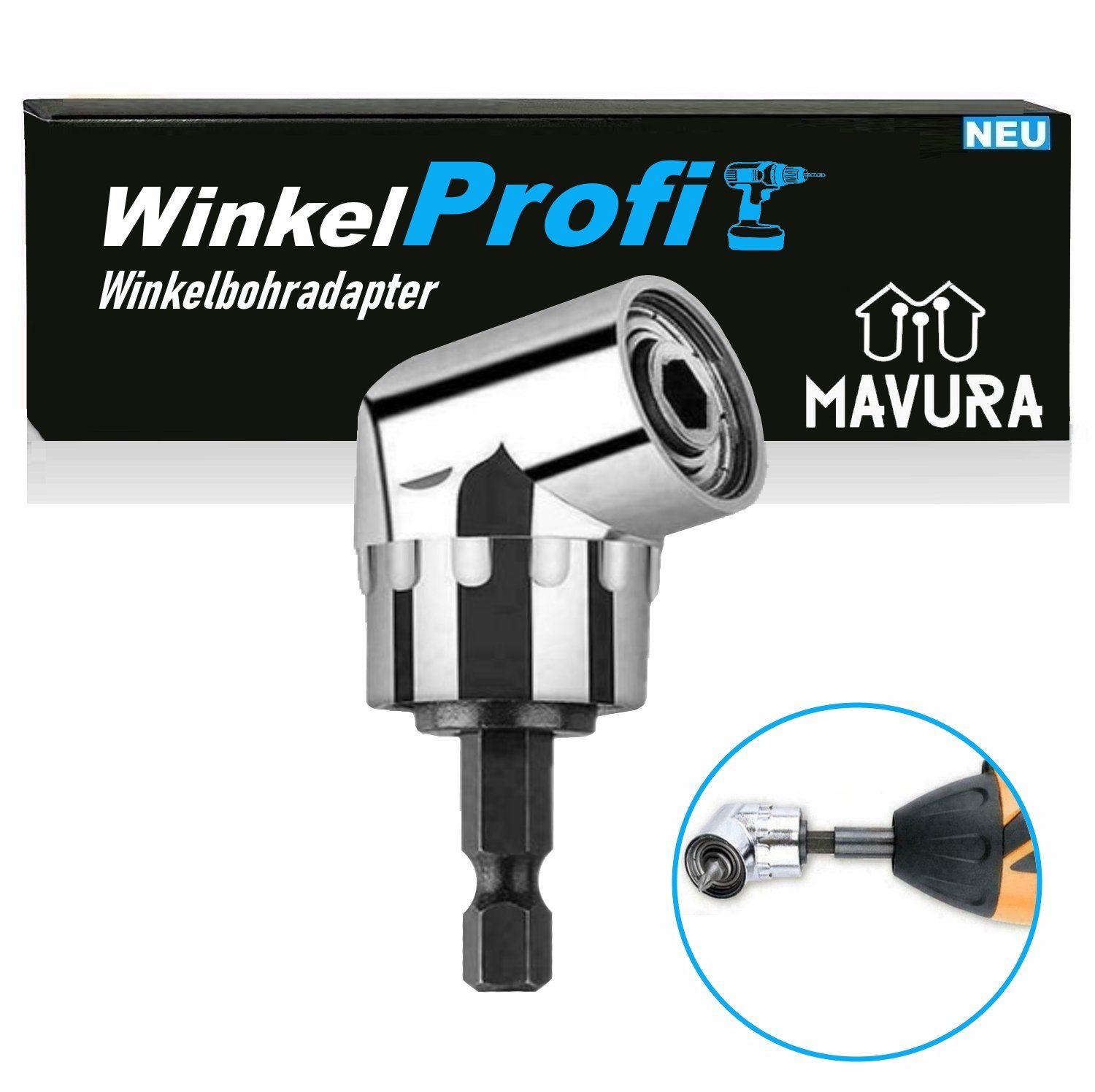 MAVURA Winkelschraubvorsatz WinkelProfi Winkelbohrer Winkelschrauber Aufsatz Winkelbohradapter, Winkelbohrvorsatz Winkelaufsatz Winkel Adapter Winkelbohrkopf 105°