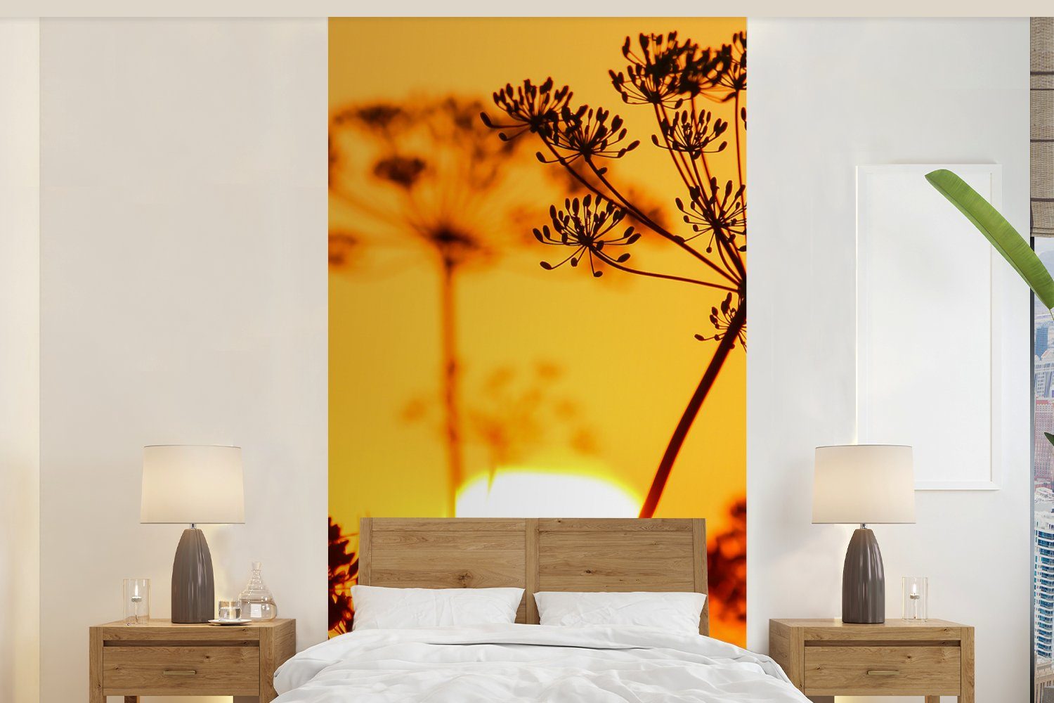 MuchoWow Fototapete Pflanzen - Blumen - Sonnenuntergang - Orange, Matt, bedruckt, (2 St), Vliestapete für Wohnzimmer Schlafzimmer Küche, Fototapete