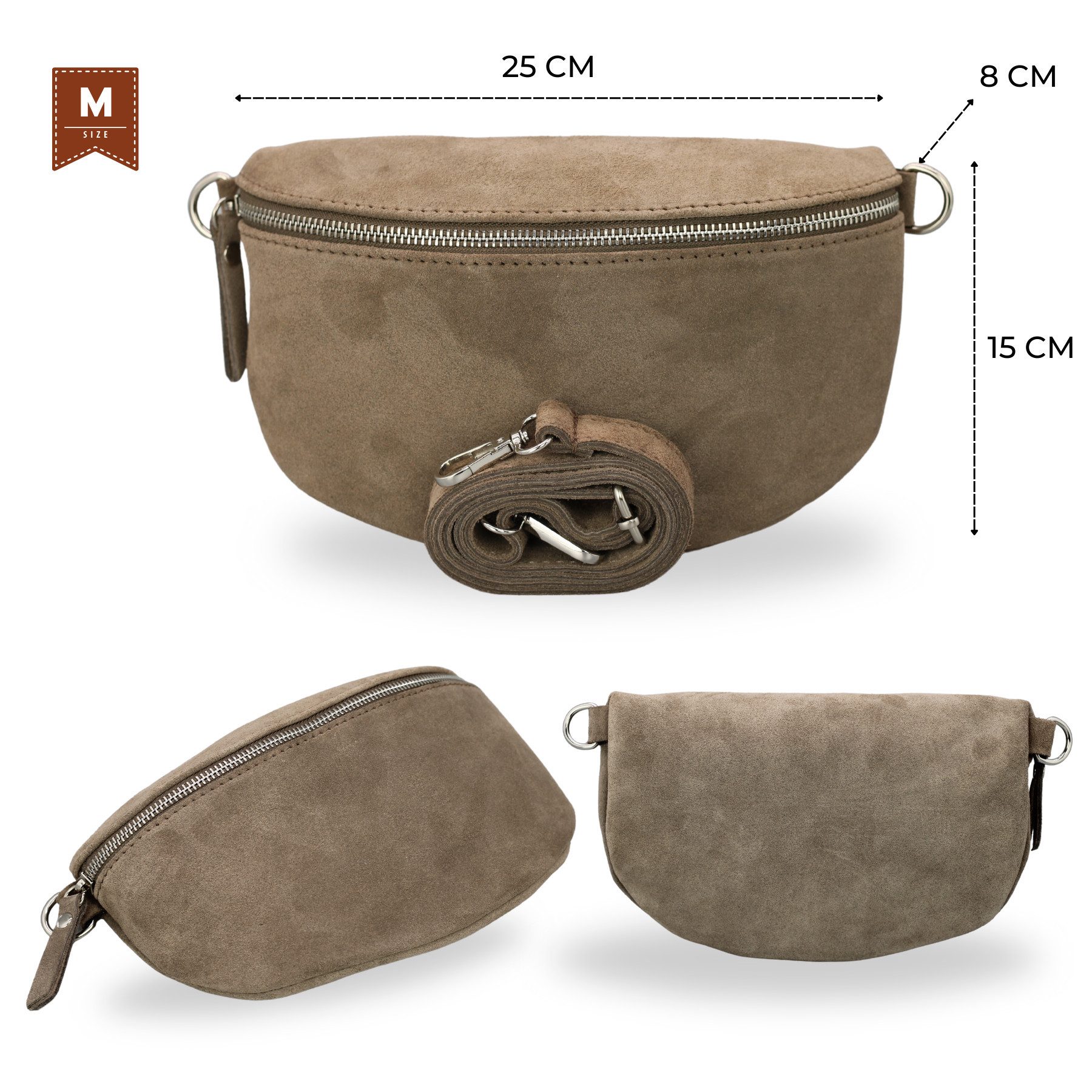 BRISE TASCHE Schultertasche SAHEL SUEDE Bauchtasche Damen Echtes Wildleder, Umhängetasche, Medium Größe, mit extra gemustertem Gürtel