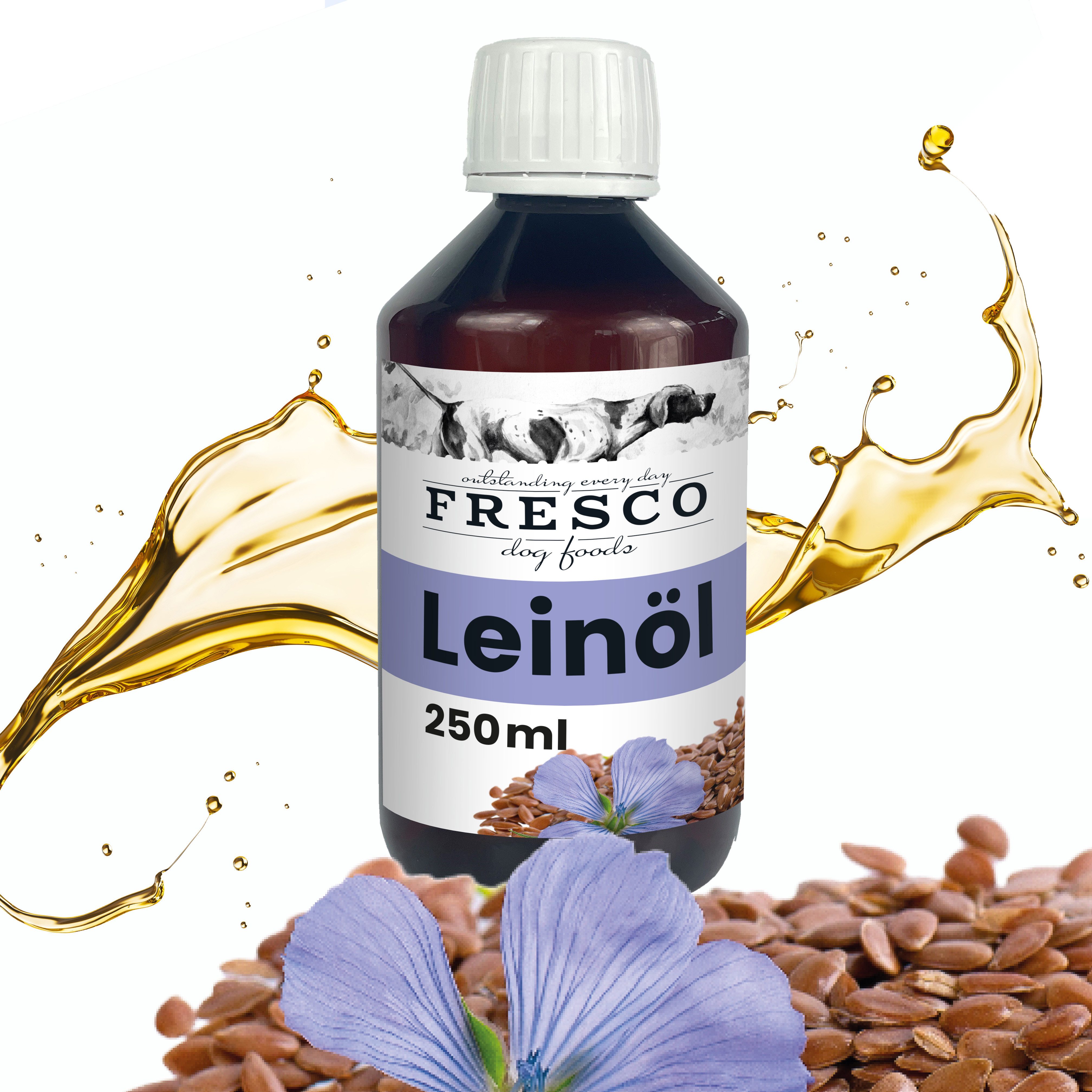 Fresco Dog Leinöl für Hunde 250ml / 500ml / 1L, Hochwertiges BARF Öl, Ergänzungsfutter für: Hunde, Kaltgepresst mit Omega 3 & 6, Leinsamenöl mit Vitamin E, Vegan