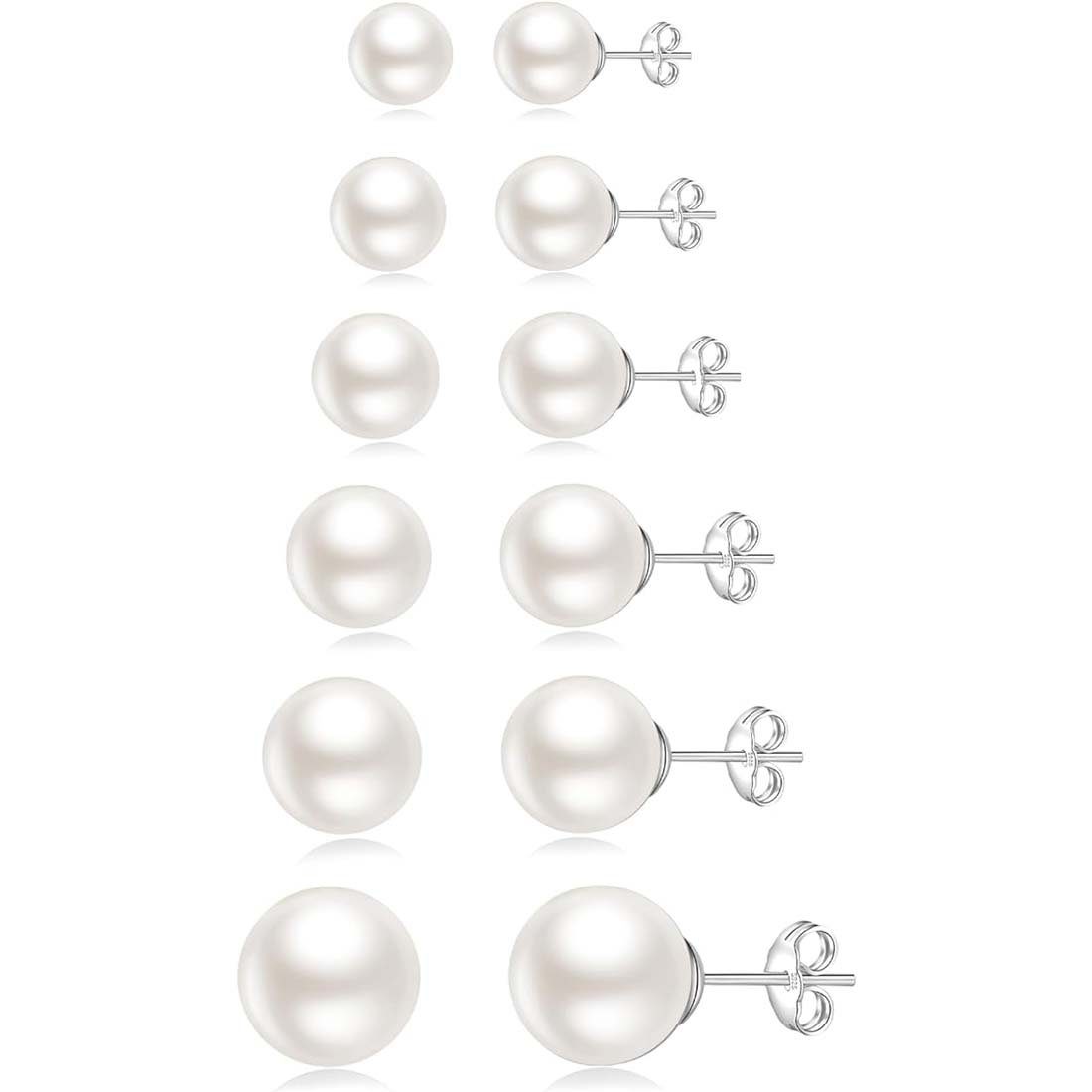 FIDDY Ohrhänger-Set 6 Paar Perlenohrringe für Damen und Herren geeignet, 3/4/5/6/8/10 mm (6-tlg), Besonderer Anlass, tolles Geschenk, vielseitiges Set, Silber