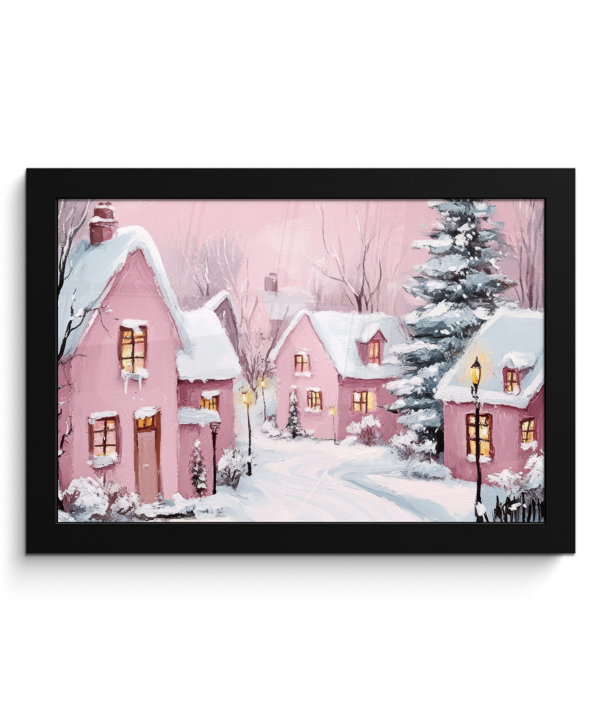 MuchoWow Poster Weihnachtsdorf - Rosa - Winter - Schnee - Häuser, (1 St), Wandbilder, Deko Wohnzimmer Schlafzimmer, 30x20 cm
