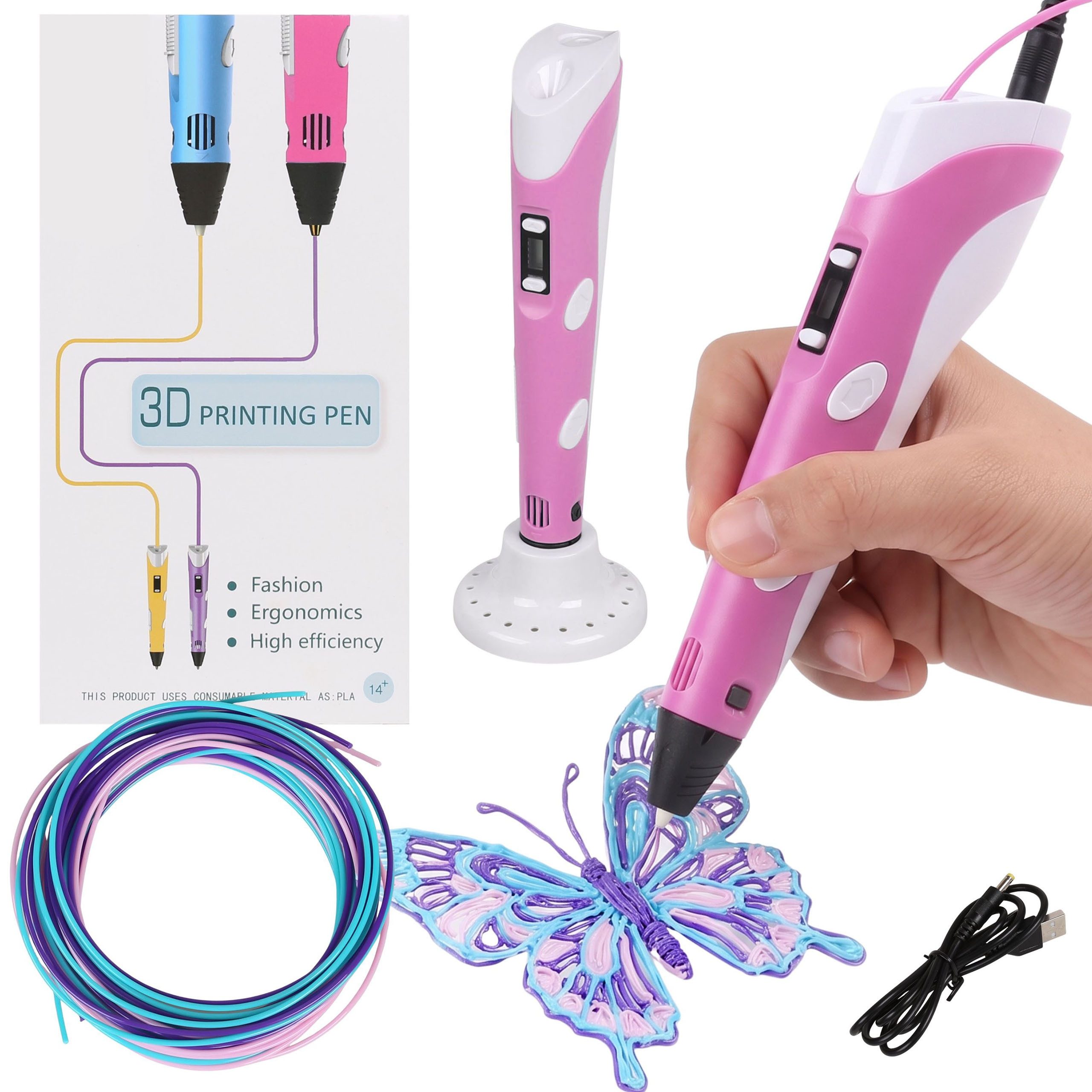 Sarcia.eu 3D-Drucker-Stift Rosa 3D-Stift für Mädchen + Filamente, Ladekabel, ab 14 Jahren