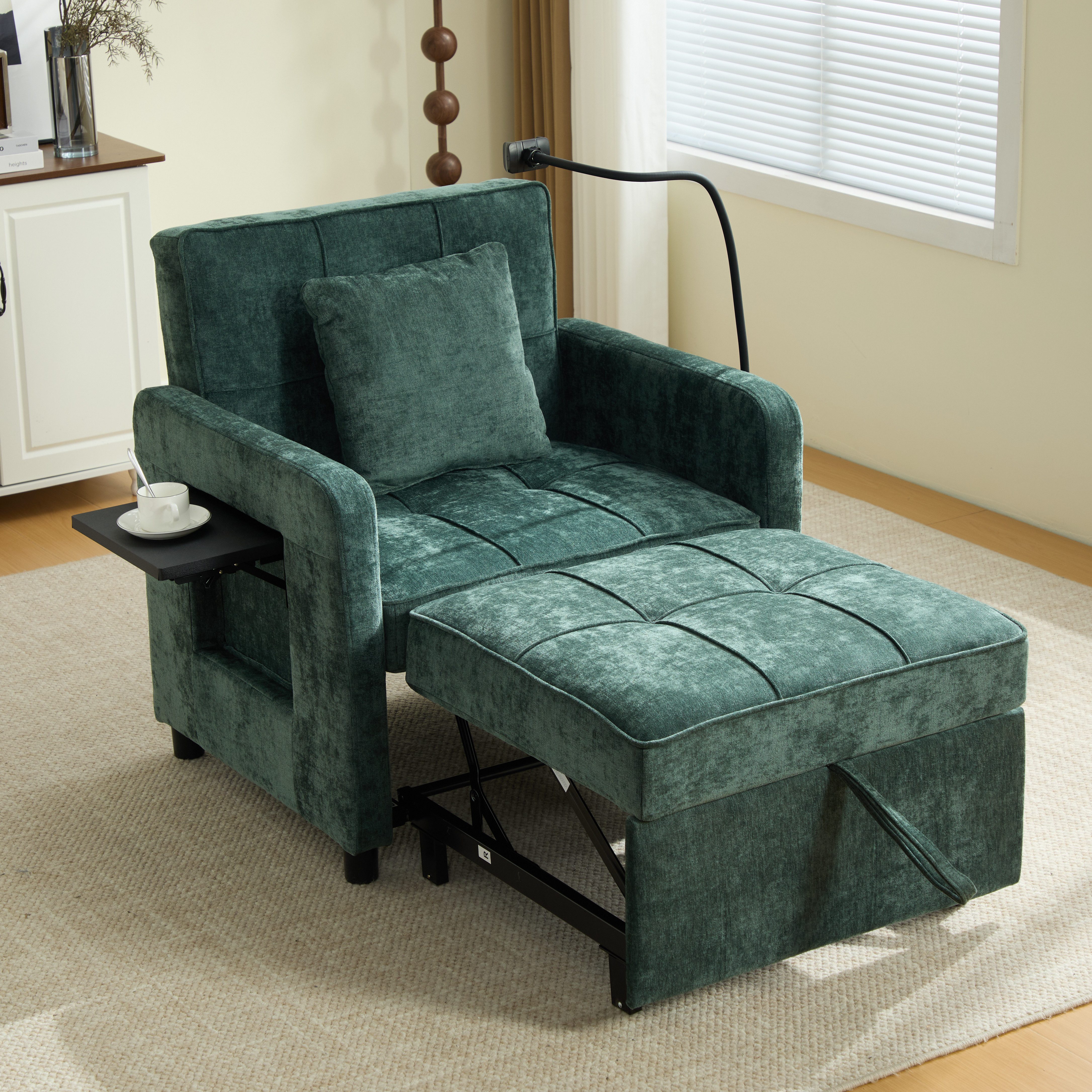 STILVORA Schlafsofa Zwei-in-eins-Schlafsessel mit Kissen und Seitentaschen Chenille Grün, Einzelschlafsofa, Chenille-Sessel, komple, und einer Aufbewahrungstasche auf der anderen Seite