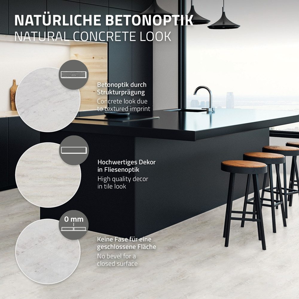 ML-DESIGN Vinylboden PVC Vinyl Bodenbelag Klick-Vinyl Betonoptik Vinylbodenbelag wasserfest, Klickvinyl mit Trittschalldämmung 9,3m²/50 Dielen Grau Zement Hell