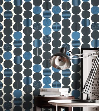 Newroom Vliestapete, Blau Tapete Modern Kreise - Mustertapete Retro Schwarz Weiß Geometrisch Grafisch Grafisch Motiv für Wohnzimmer Schlafzimmer Küche