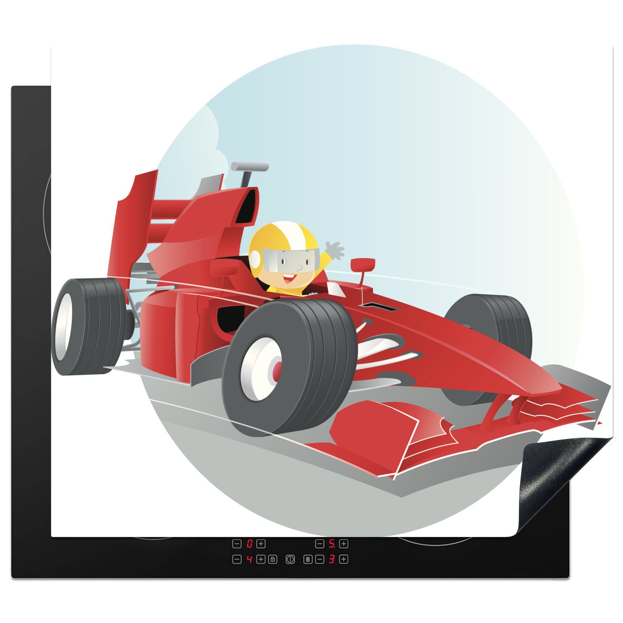 MuchoWow Herdblende-/Abdeckplatte Eine Illustration eines kleinen Jungen, der ein Formel-1-Auto fährt, Vinyl, (1 tlg), 60x52 cm, Mobile Arbeitsfläche nutzbar, Ceranfeldabdeckung