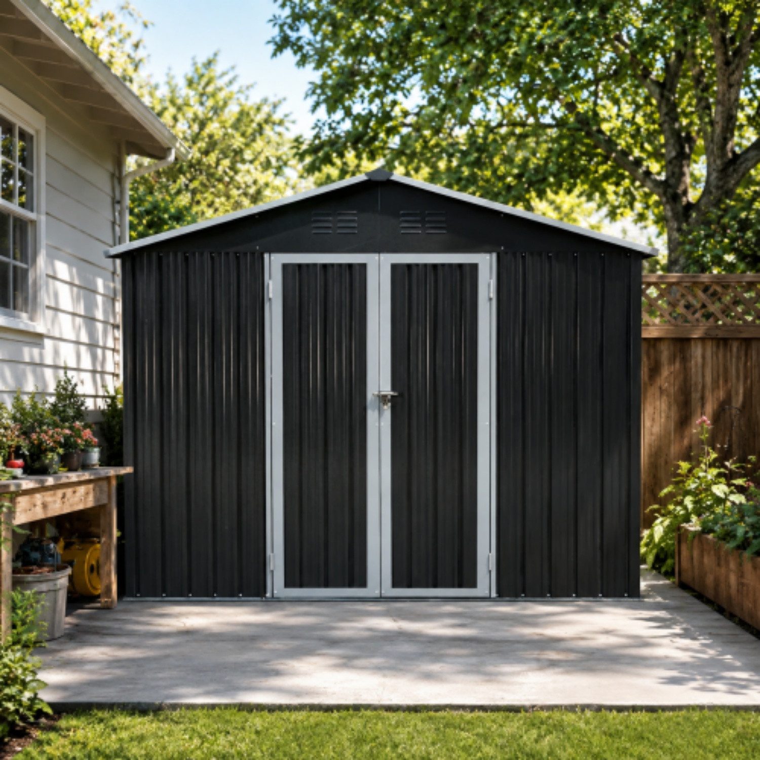 ANYSUN Gartenhaus Gerätehaus Metall 10x8 ft, 7,46 m² mit Satteldach & Doppeltür, Mit Bodenrahmen, Belüftung & Vorrichtung für Vorhängeschloss