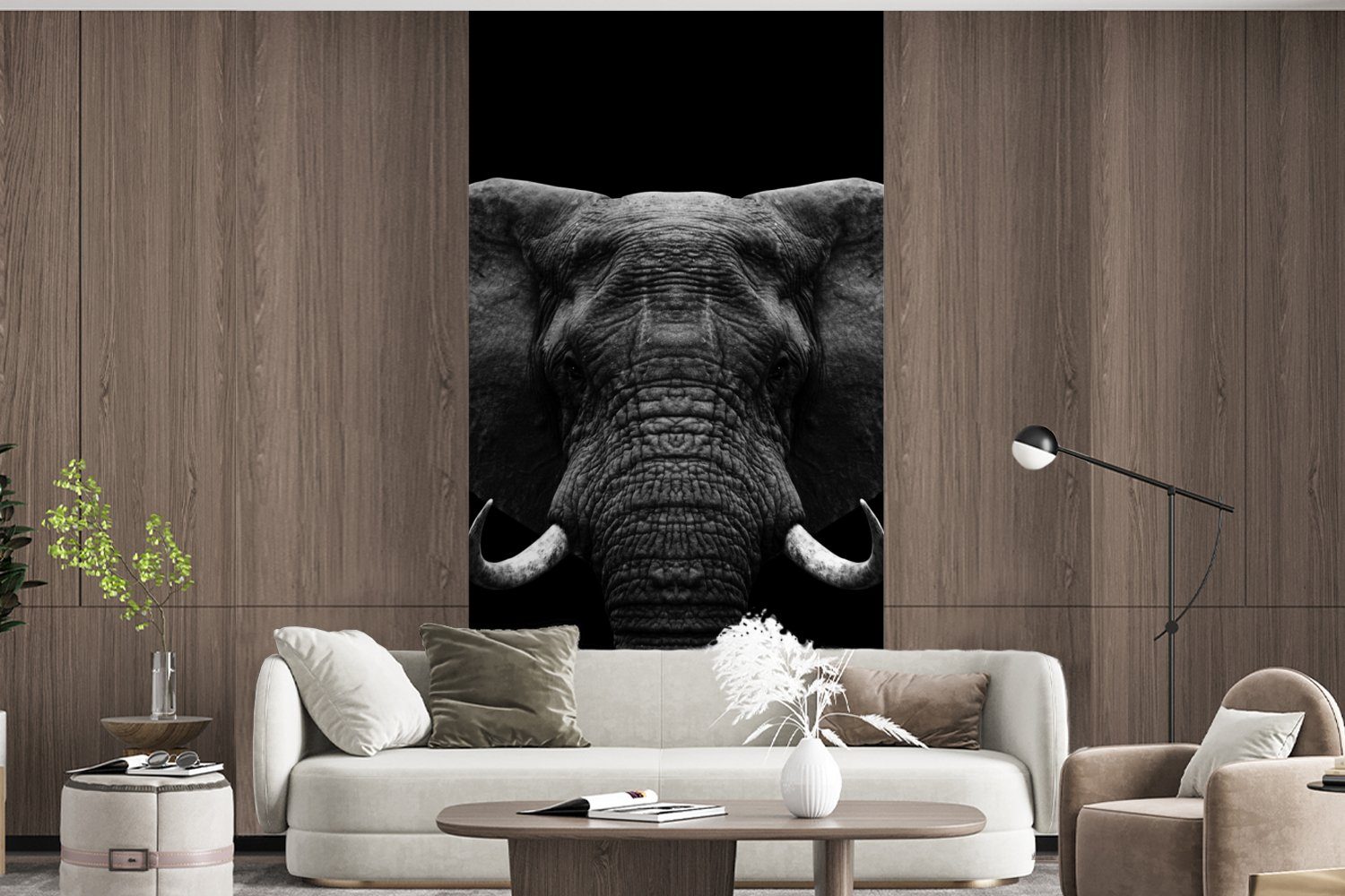 Matt, Fototapete (2 Schlafzimmer Tiere Weiß, Wohnzimmer Porträt - Schwarz - - Küche, Elefant bedruckt, St), MuchoWow Fototapete Vliestapete für -