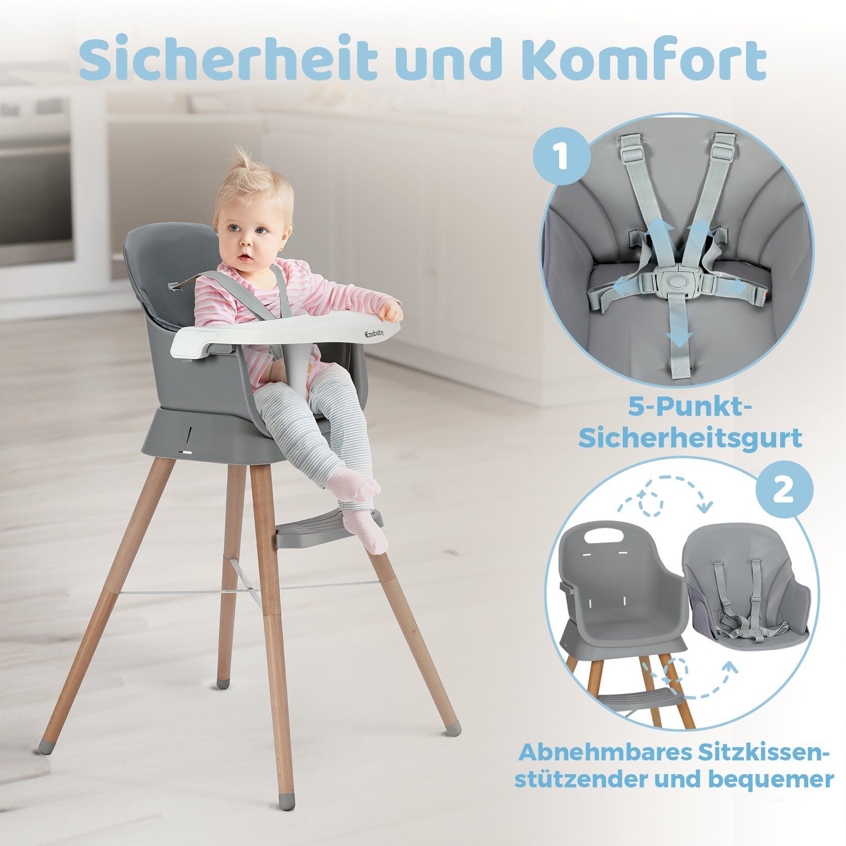 Ezebaby Holzstuhl 6in1 Multfunktional Babystuhl Sitzerhöhung Kinderstuhl Barhocker