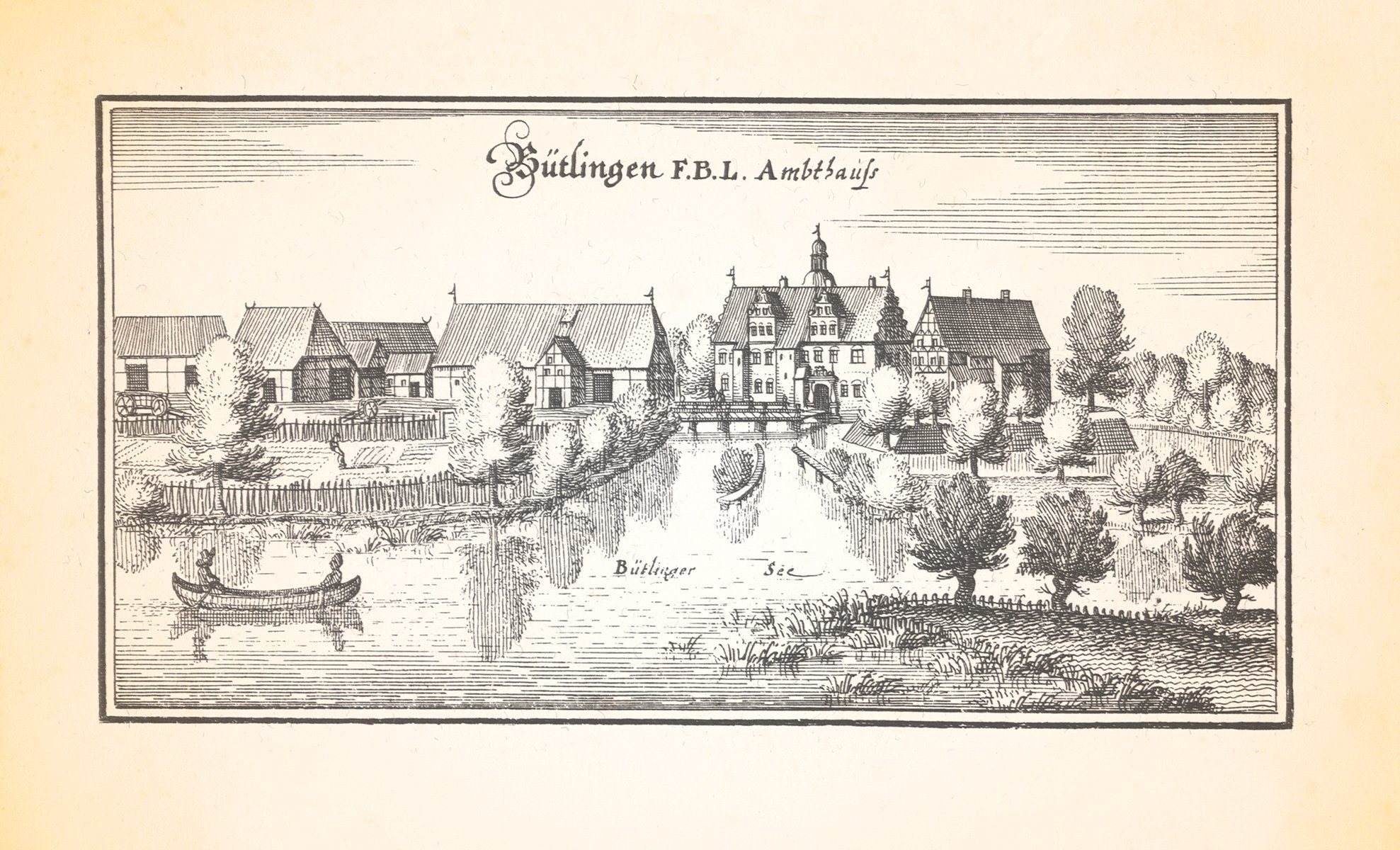 Kunstdruck Bütlingen F.B.L. Ambthauß Bütlinger See Gesamtansicht Kupferstich Meri