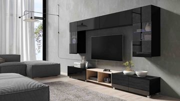 Furnix Wohnwand PUNE24 Möbelwand 7 teilig Mediawand 300 cm Schwarz Glanz/Eiche, Segment stehend oder hängend- Metallstellfüße liegen bei, ohne LED