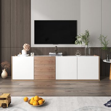 REDOM TV-Schrank Lowboard Fernsehtisch (mit 3 Schubladen und 3 Türen) mit Paneel in Weiß und Holzfarben,TV-Board freistehend/hängend