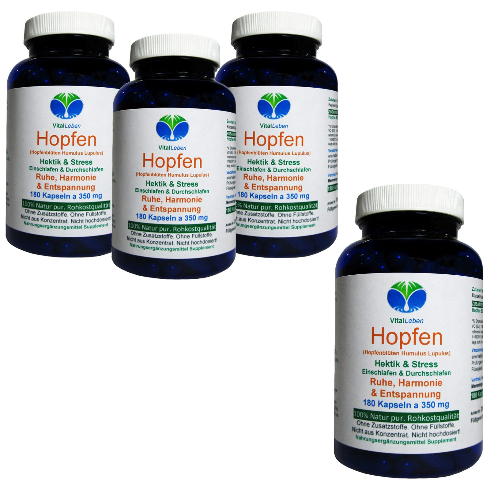 VitalLeben Hopfen naturreine Hopfenblüten zur Entspannung - Ohne Zusatzstoffe - Kapseln, 4 er Dose à 180 St., 252 g, Art. 26655-720