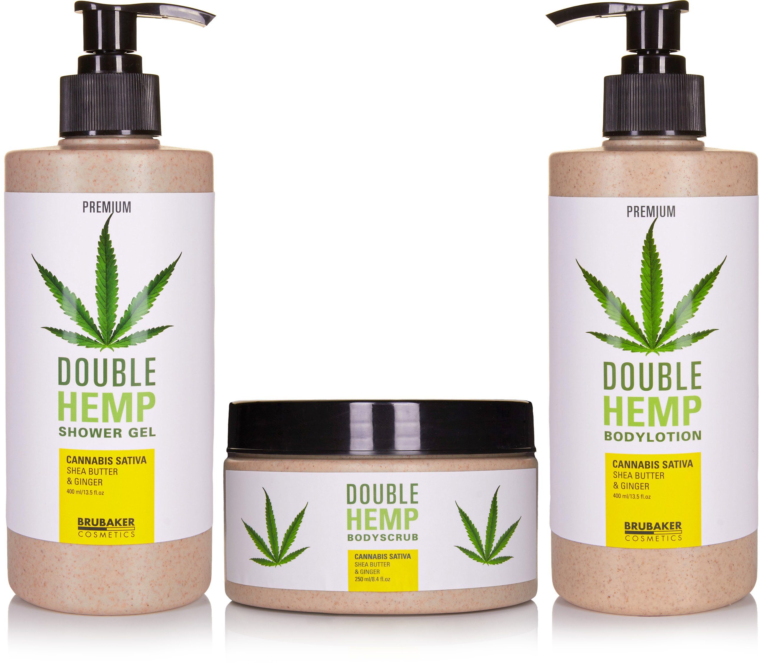 BRUBAKER Pflege-Geschenkset Beauty Geschenkset mit Shea Butter & Ingwer Duft, 5-tlg., Damen Hanf Badeset mit Deko-Tablett aus Holz, Pflegeset für Frauen