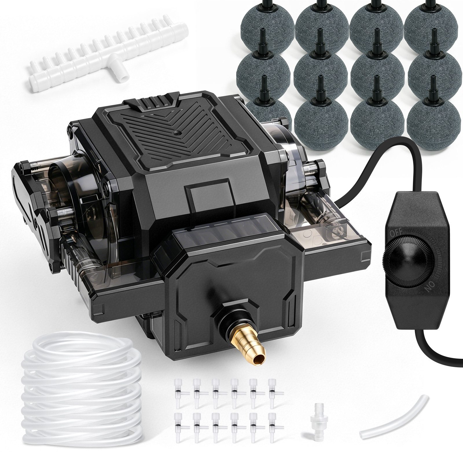 XIIW Luftpumpe 42W Teichbelüfter mit 12 Luftstein Aquarienpumpe Sauerstoffpumpe (Set, 29-tlg., 80L/Min 45kPa Flussregelbar, Dual-Kanal-Kupfermotor), für Aquarium Teich Hydroponisch und Großaquarien‌