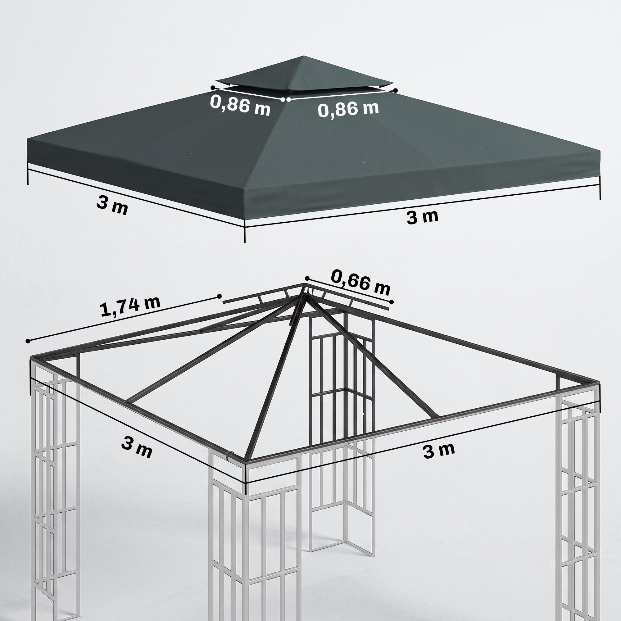 Outsunny Pavillon-Ersatzdach Pavillondach mit Doppeldach, Ablauflöcher, Ersatzbezug, 180 g/m², 300 x 300 cm (Gartenpavillonersatzdach, Ersatzdach), für Garten,  – Bild 3 von 5