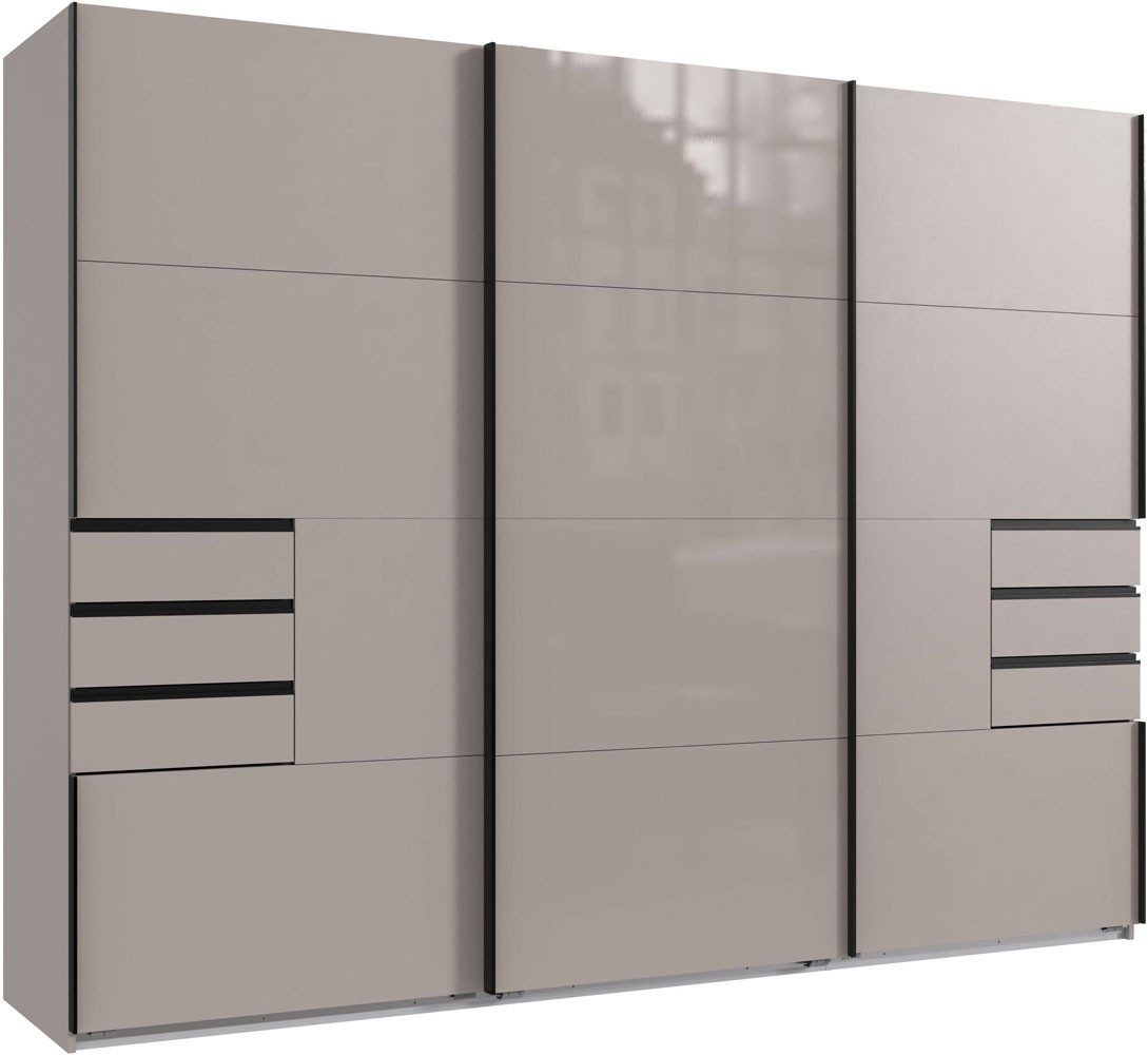 Wimex Schwebetürenschrank Saigon (3 Türen, 6 Schubladen, 6 Einlegeböden, 2 Kleiderstangen, 1-St., moderne Optik, Metallgriffleisten, Schubladen auf Metallschienen) 270x64x208cm sandgrau - Glas