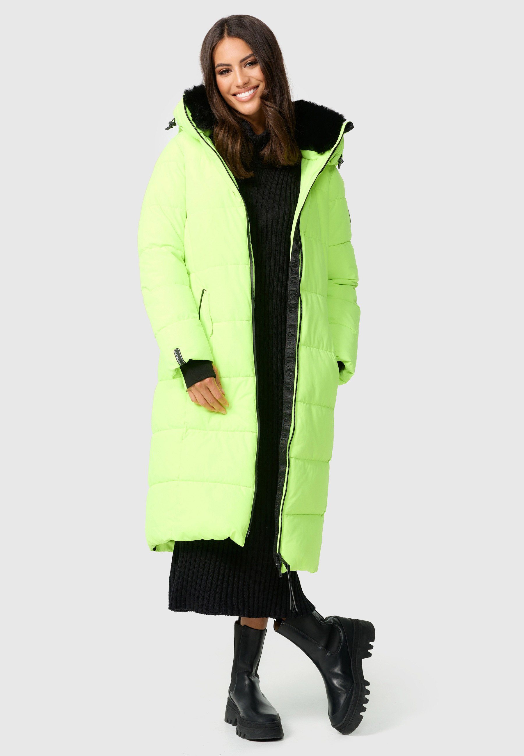 Marikoo Steppjacke Zuraraa XVI langer Mantel Green Winter Neon gesteppt