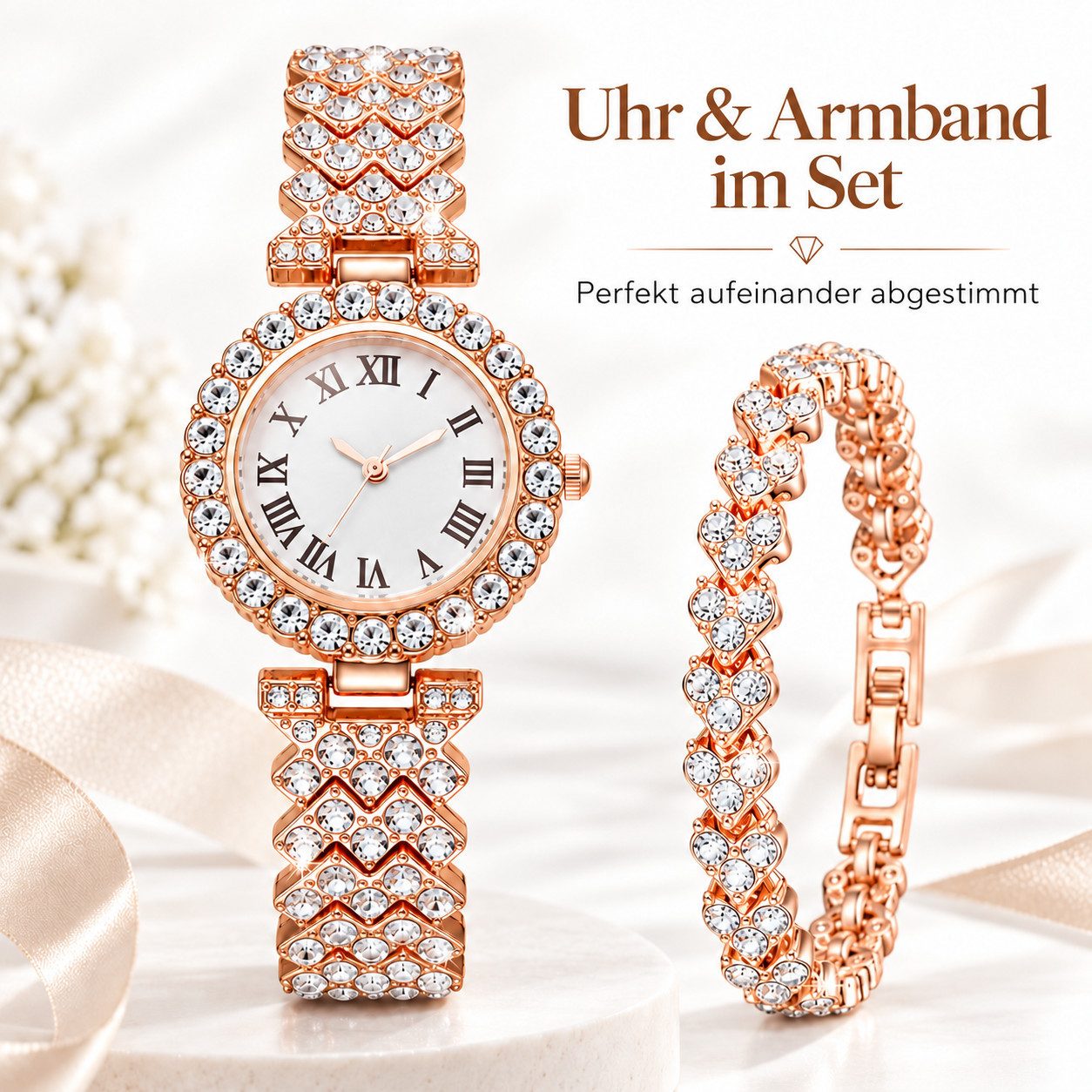 VEKROBOT Quarzuhr Damen Uhren Set mit Strasssteinen, Quarzuhr im Schmuckdesign, (Set, 1-tlg., Hinweis: Leichte Maßabweichungen durch manuelle Messung möglich),  – Bild 5 von 5