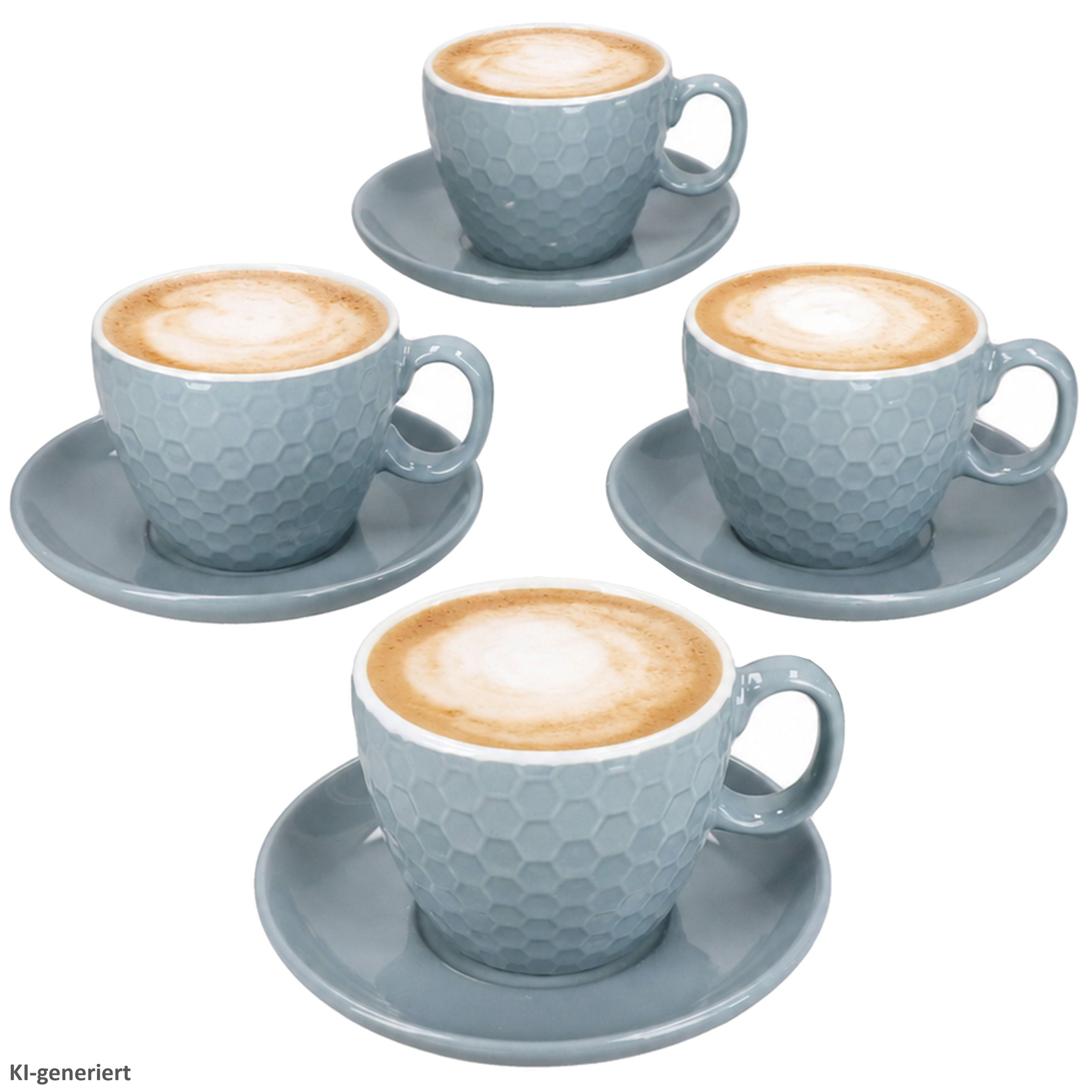 MamboCat Tasse 4er Set Hexa Kaffeetassen mit Untertassen Blau Keramik Relief, Keramik